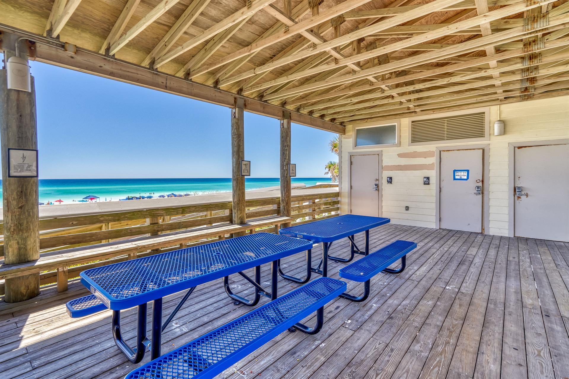 Hutchinson Street Beach Access has a covered pavilion and restrooms. This is also where your complimentary beach service is located