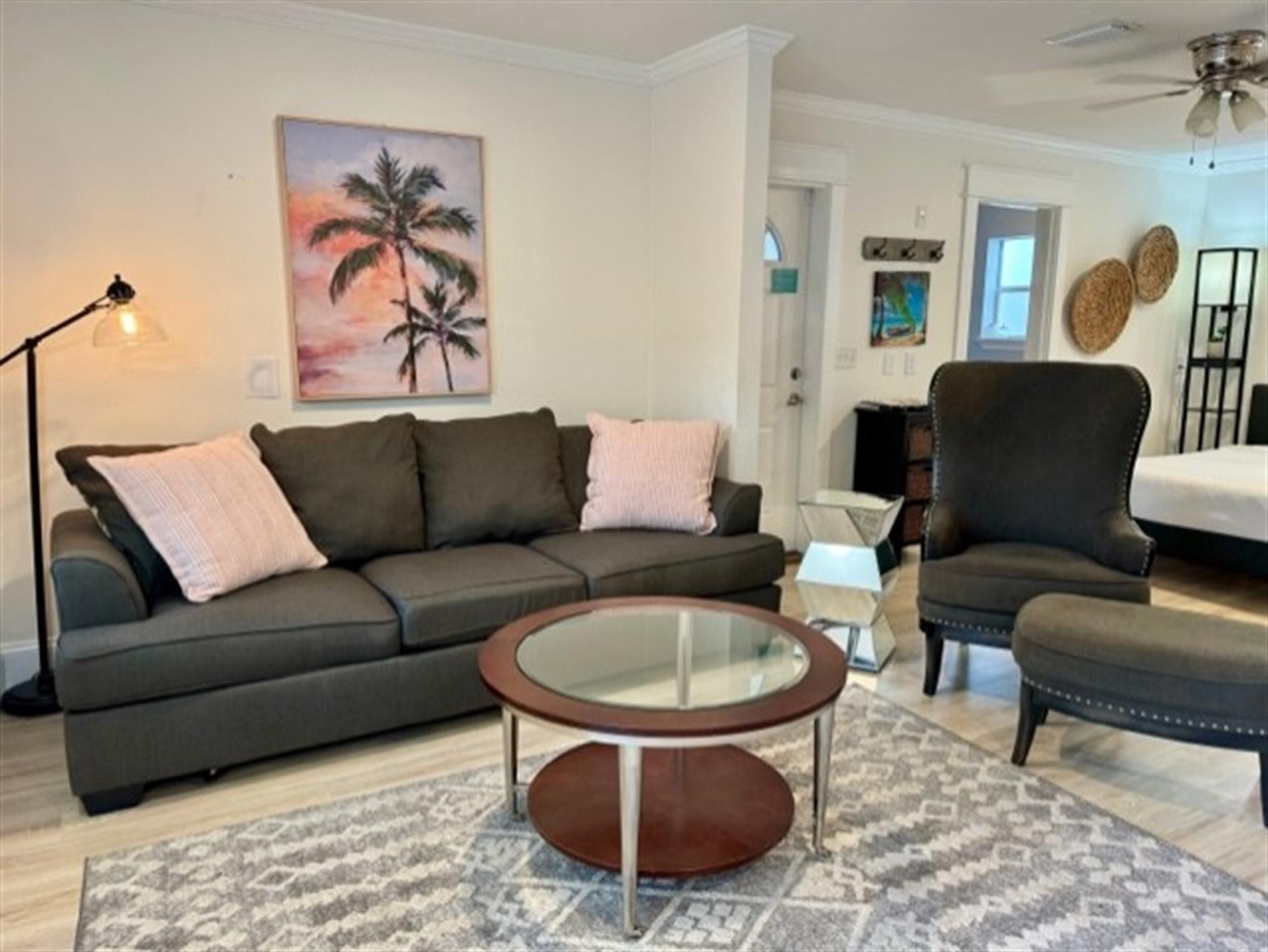 Guest house first floor bonus room with sleeper sofa and queen bed with full bath and additional washer  dryer.