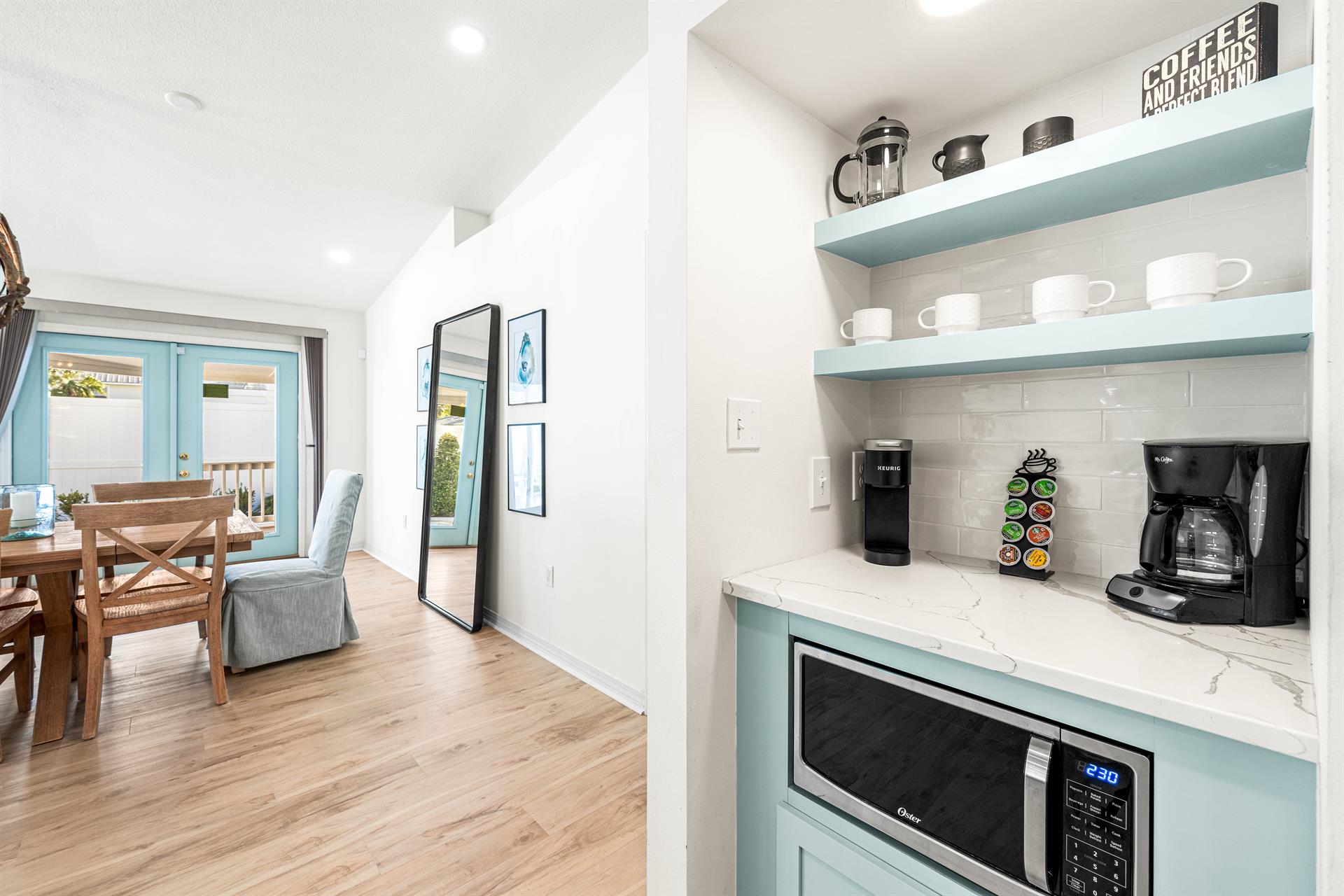 Quartz Coffee Bar with a Keurig and Drip Coffee Maker, Built in Microwave and Keurig Cups Provided