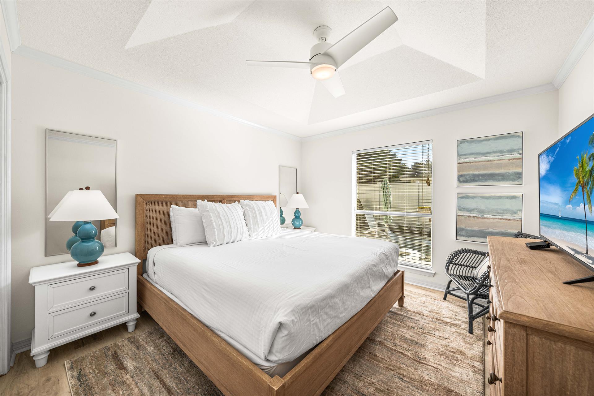 King Bedroom with a Pool View, Large Dresser, Night Stands for Placing your Favorite Book and a Large Closet  42 Cable TV