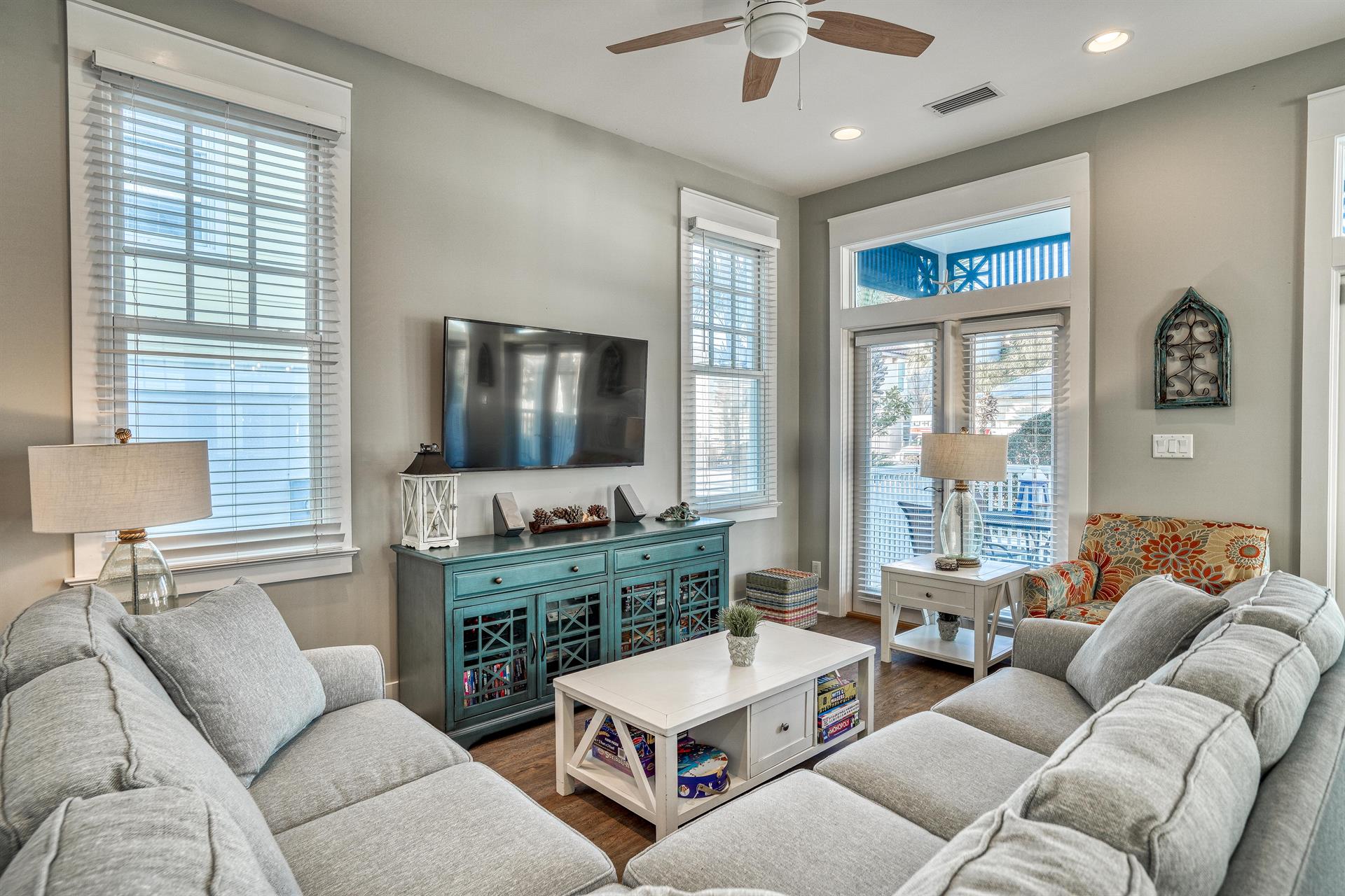 65 Smart TV with Direct TV cable  XBoxDVD player. Aquaholic has a great collection of DVDBluray movies.