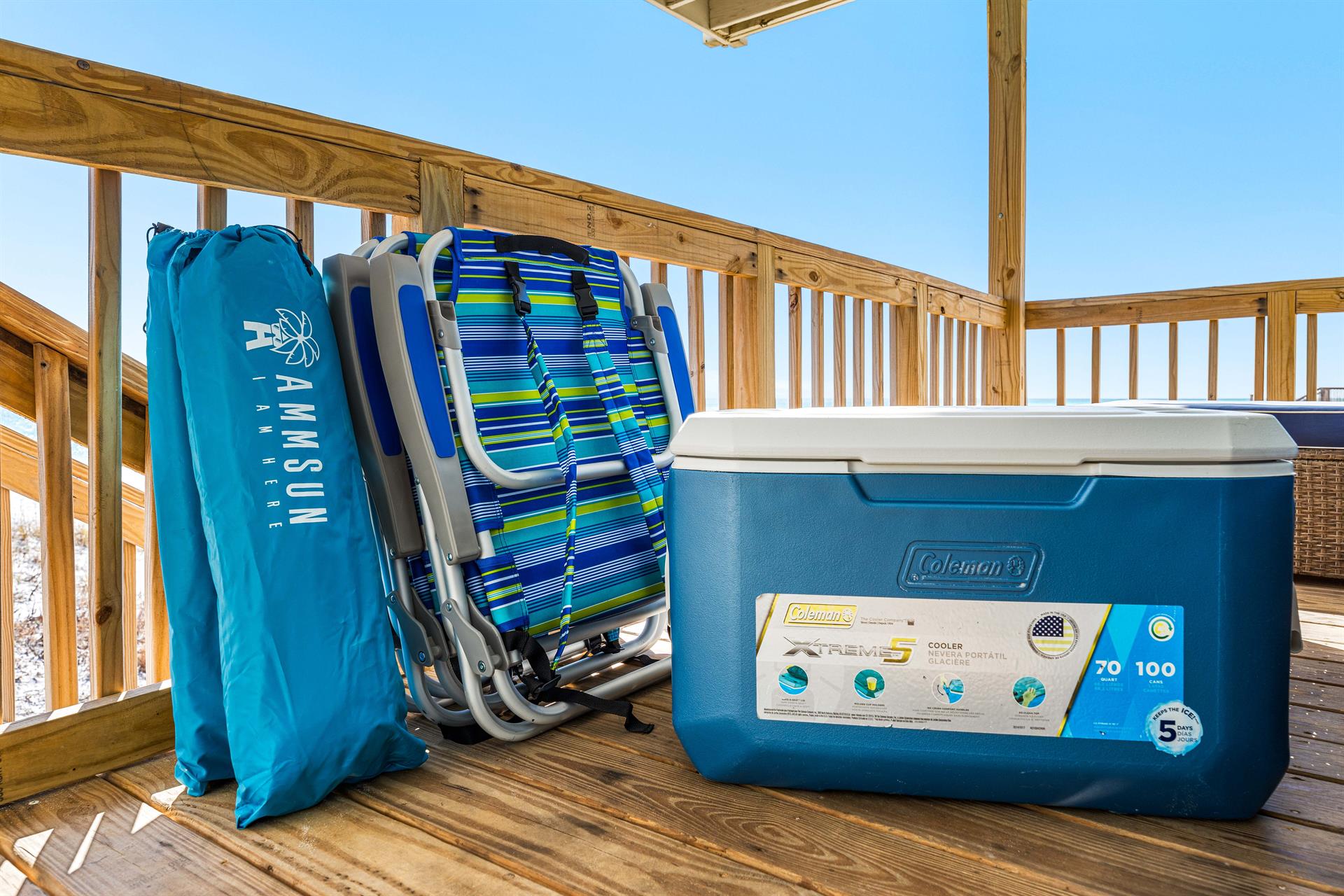Beach Gear is a Necessity   Provided yearround and located in the closet on the deck 4 Lightweight Beach chairs, 2 Umbrellas,  Cooler