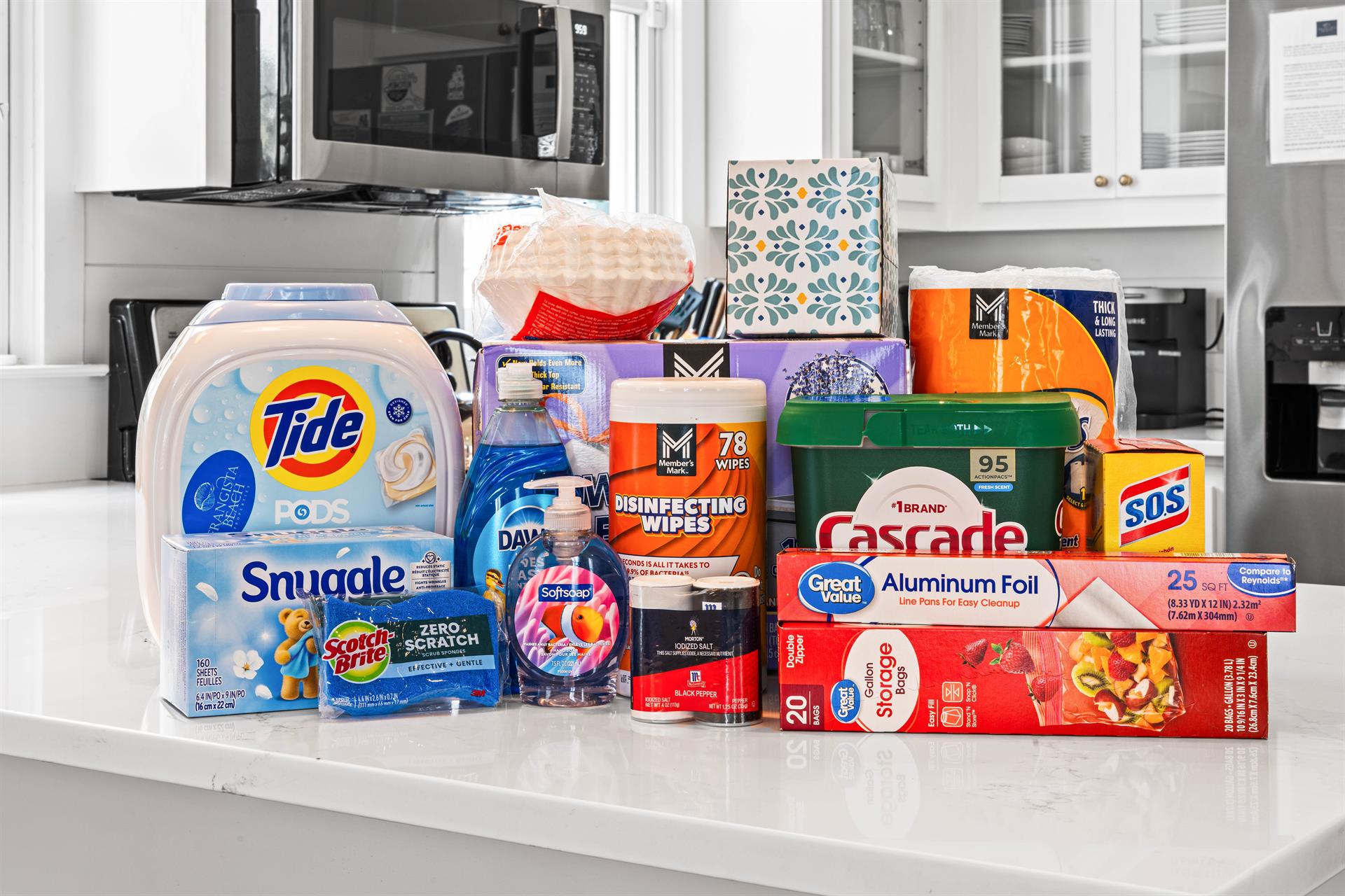 Plenty of Amenities provided including coffee filters, laundry detergent, salt and prpper, aluminum foil, plastic wrap, paper towels, dryer sheets, laundry dishwasher detergent and soaps