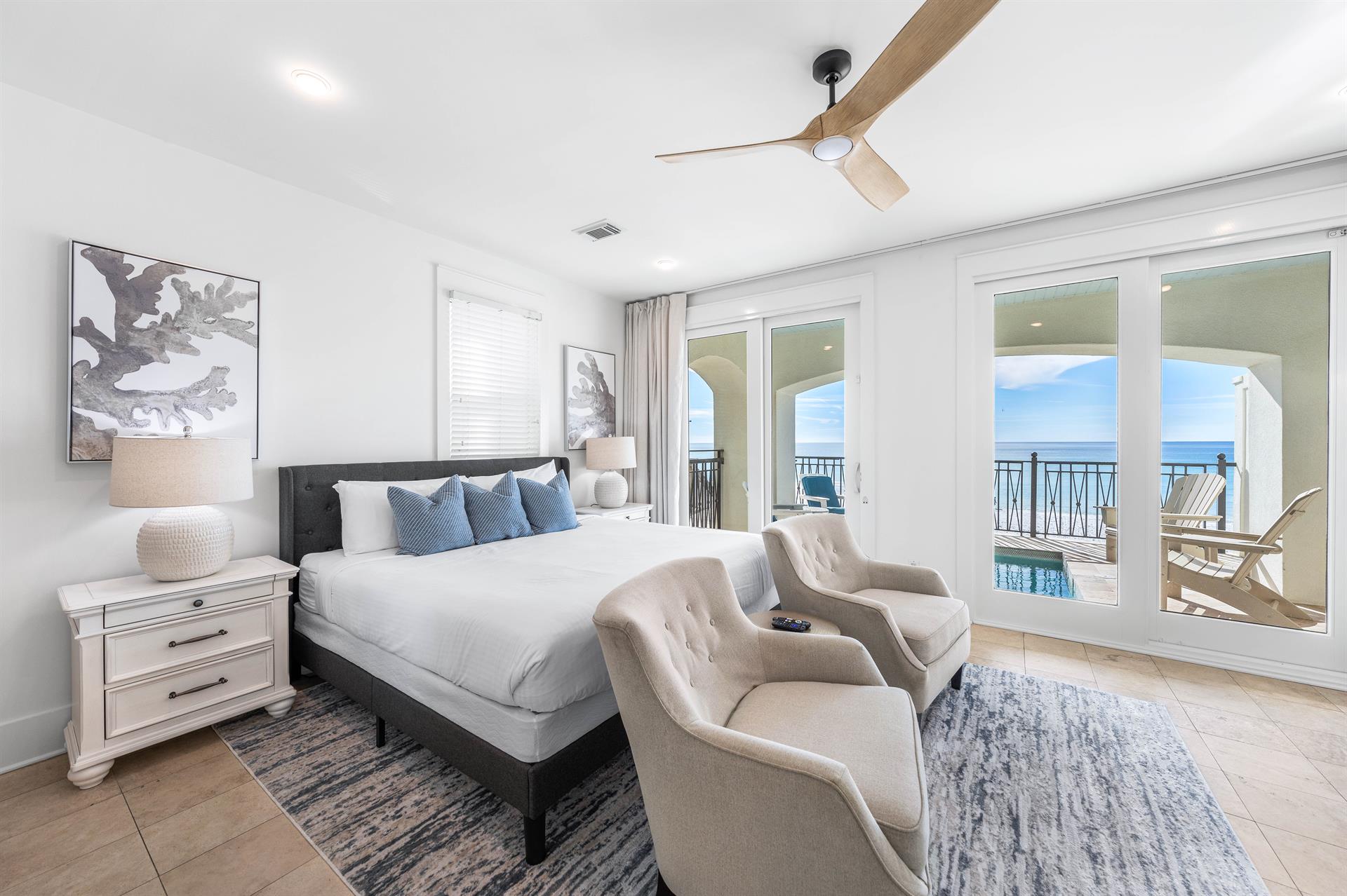 First Floor King ensuite Bedroom next to the Splash Pool with a 55 Smart TV.