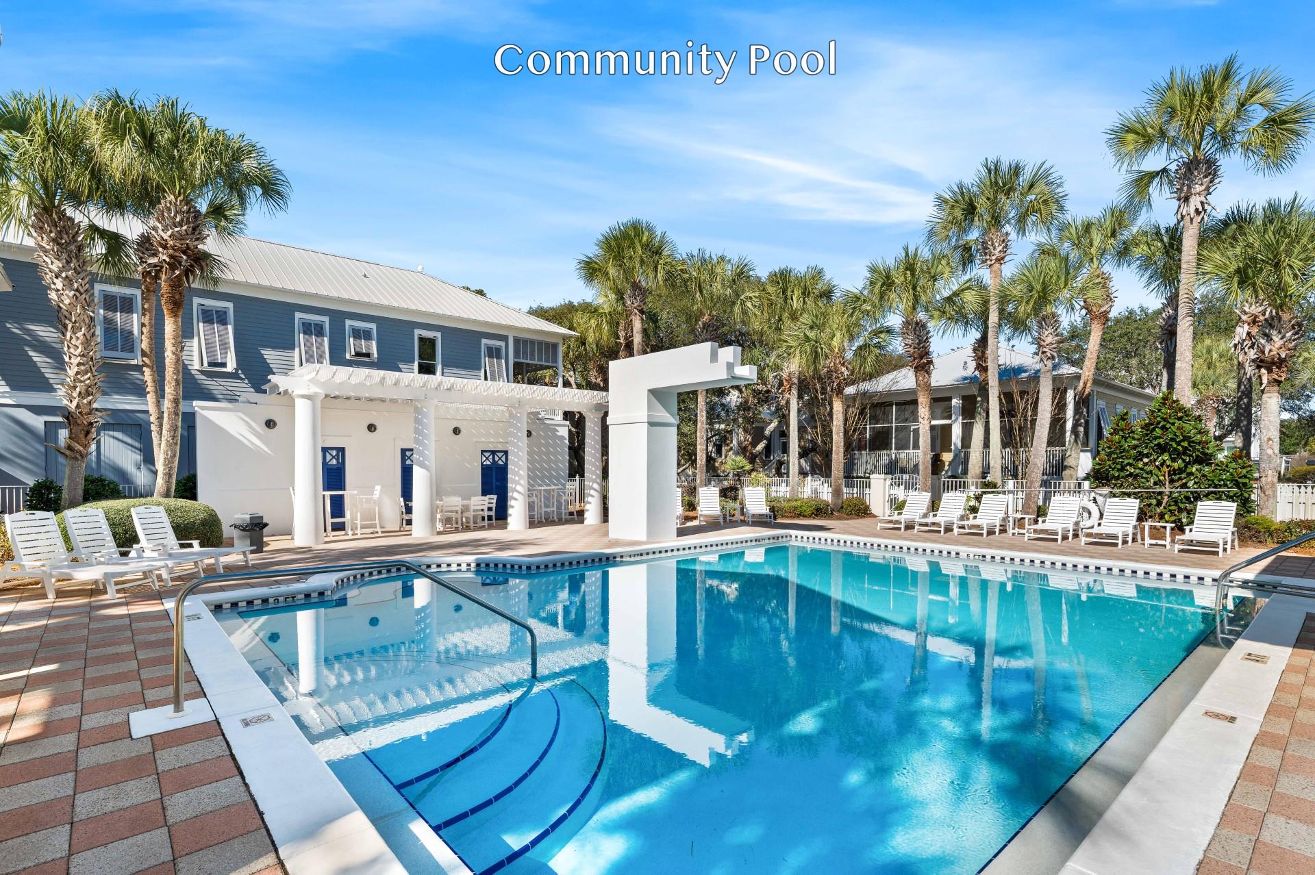 Frangista Community Pool, Plenty of Seating and Lounging areas as well as Mens and Womens Bathrooms.