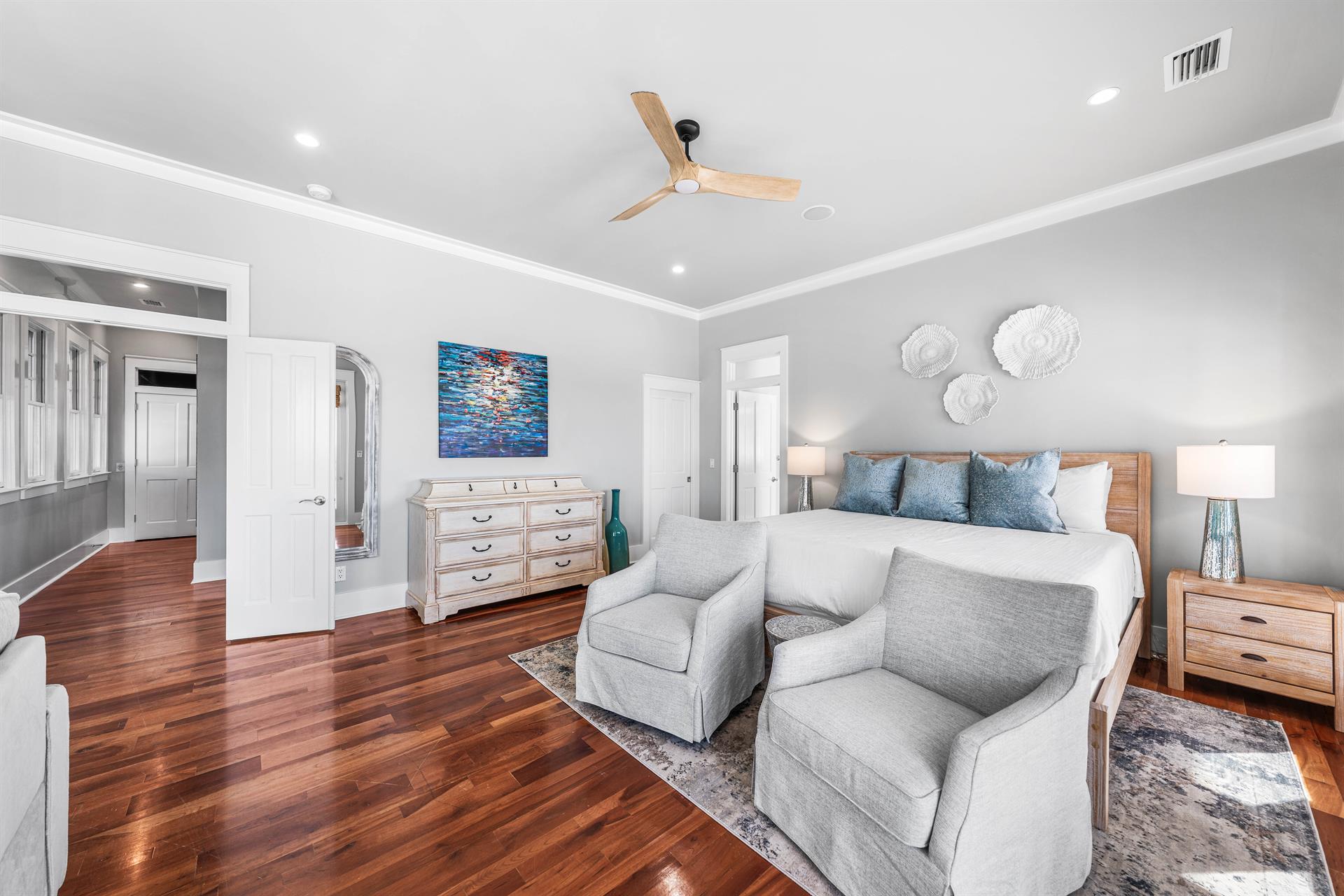 3rd Floor Primary Bedroom with Sleeper Sofa, WalkIn Closet, Sitting Room with 2 Twin Sleeping Chairs, Covered Balcony and Private Bathroom