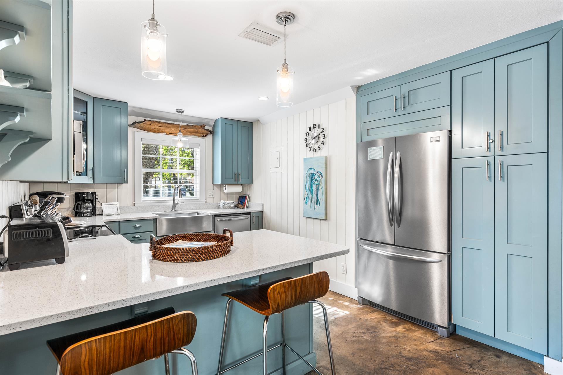 Fully Stocked Kitchen with Stainless Steel Appliances, Cambria Quartz Countertops,  Cookware  Kitchenware,  Breakfast Bar