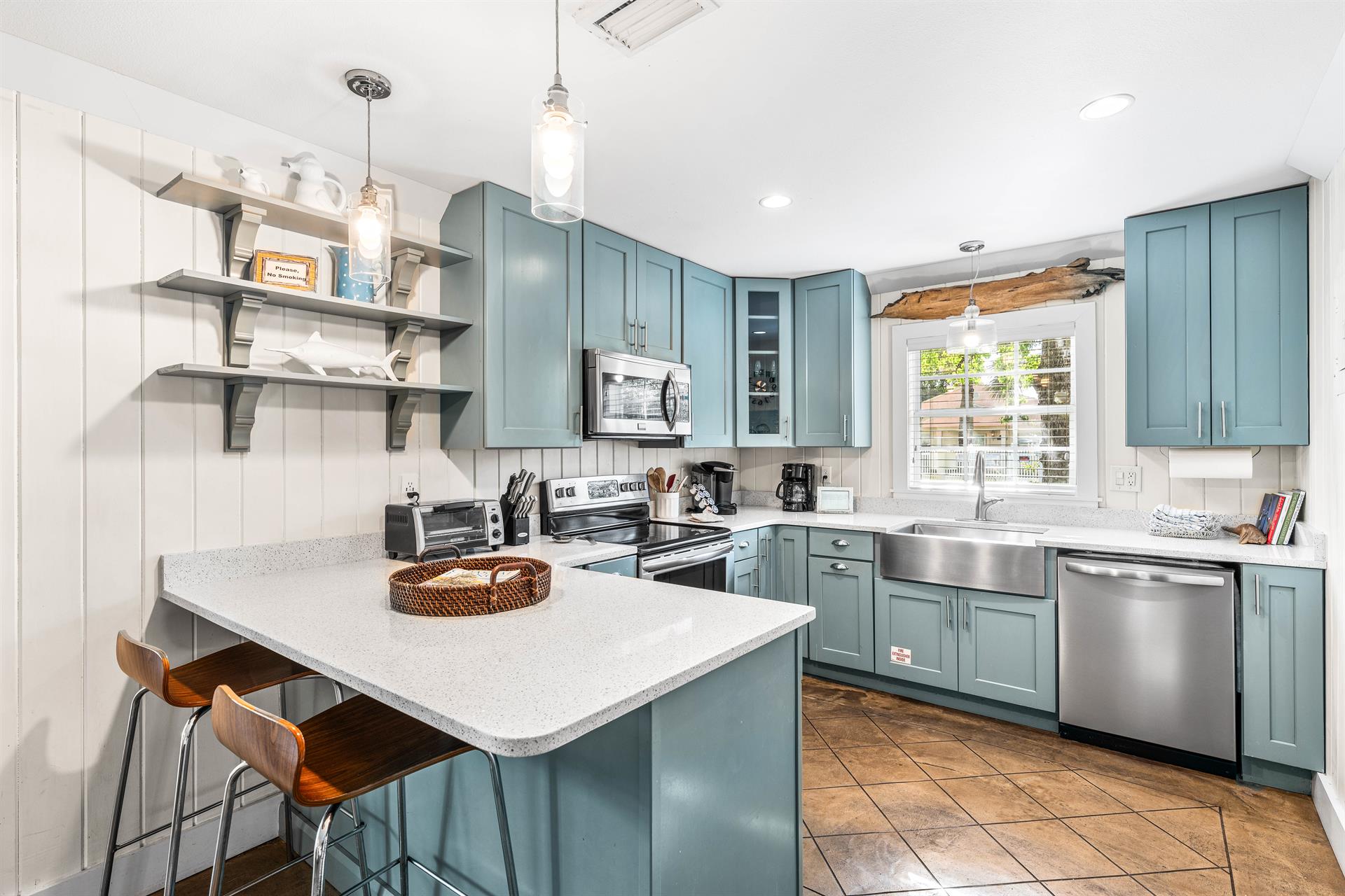 Fully Stocked Kitchen with Stainless Steel Appliances, Cambria Quartz Countertops,  Cookware  Kitchenware,  Breakfast Bar