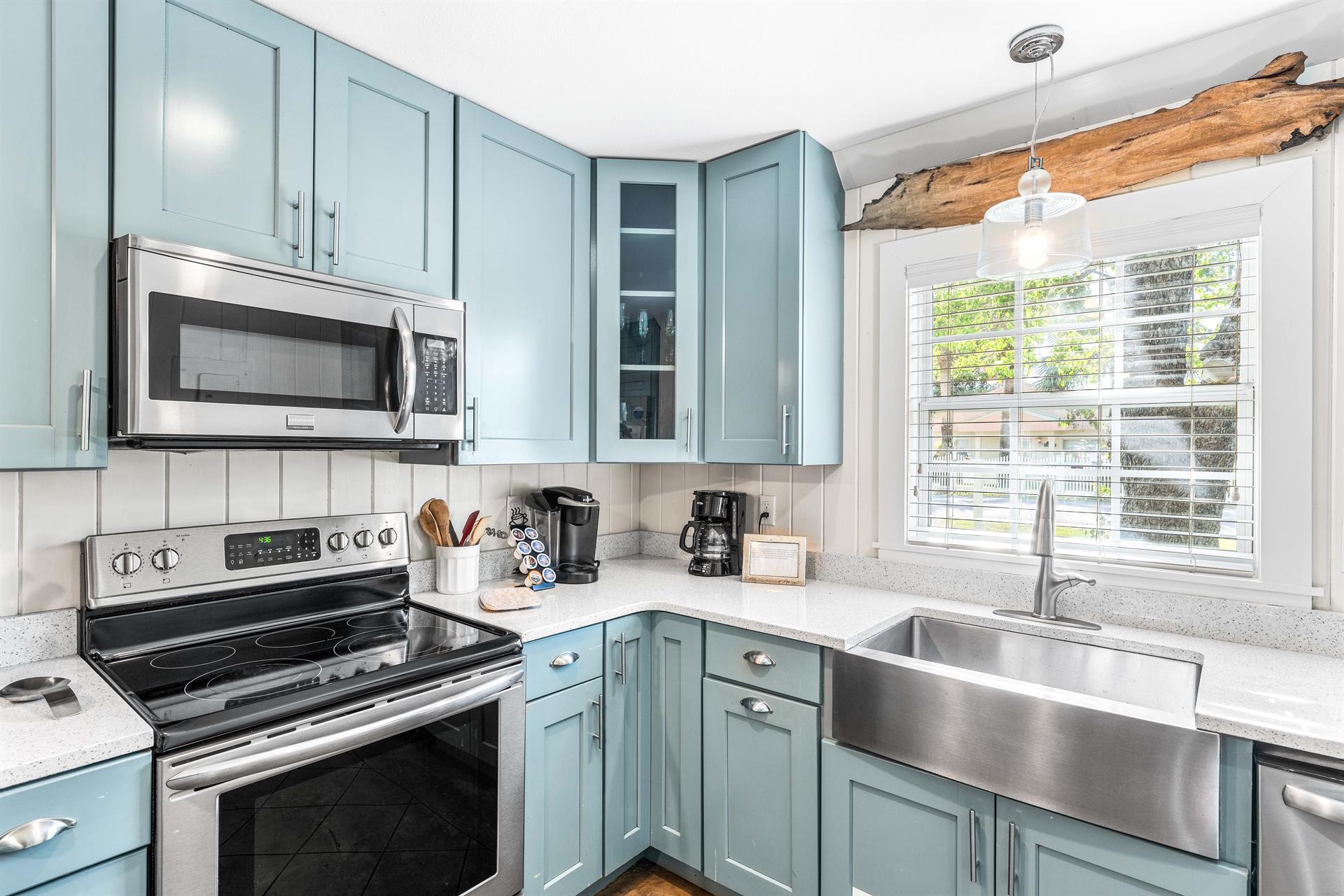 Fully Stocked Kitchen with Stainless Steel Appliances, Cambria Quartz Countertops,  Cookware  Kitchenware,  Breakfast Bar