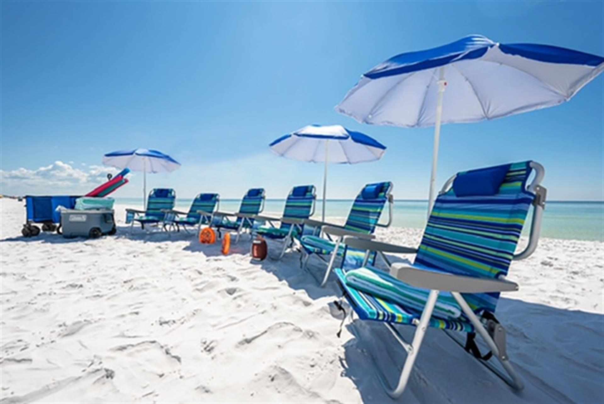 6 Beach Chairs and 3 Umbrellas included