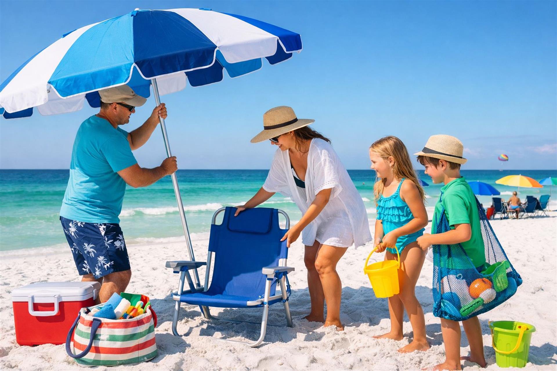 Family setting up on beaches of Destin