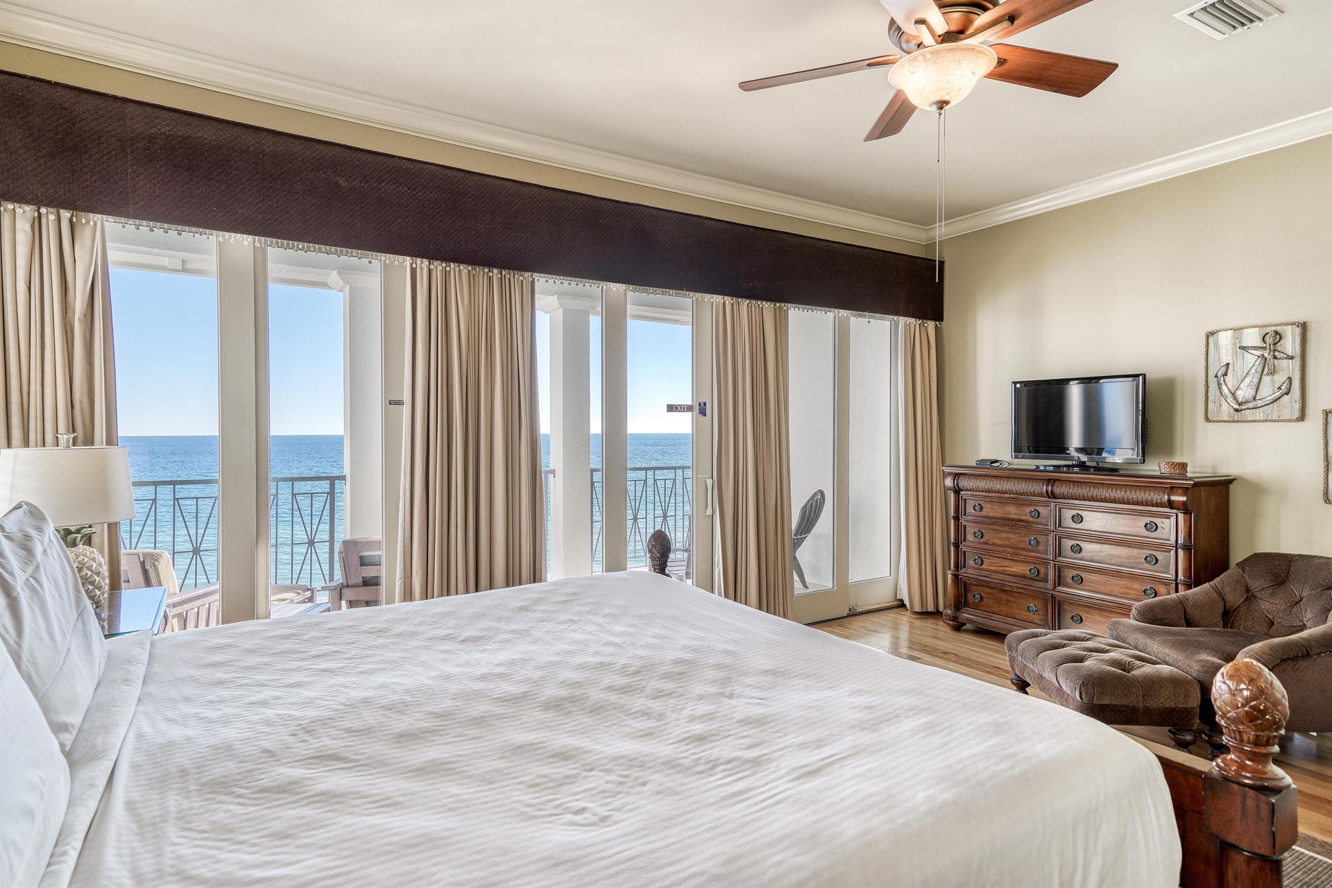 3rd Floor King Primary Bedroom, Ensuite Bathroom, TV   Private Covered Beachfront Balcony with Seating
