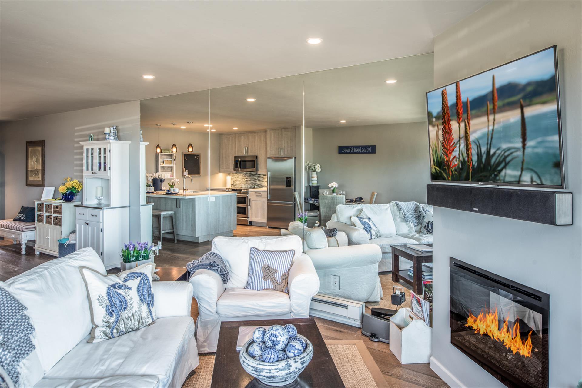 46inch HDTV over Decorative Fireplace