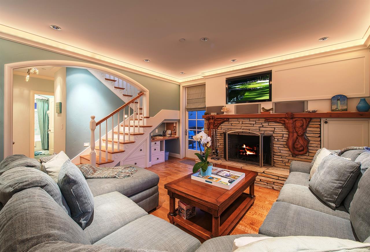 Living Room with Wood Burning Fireplace, Large HDTV