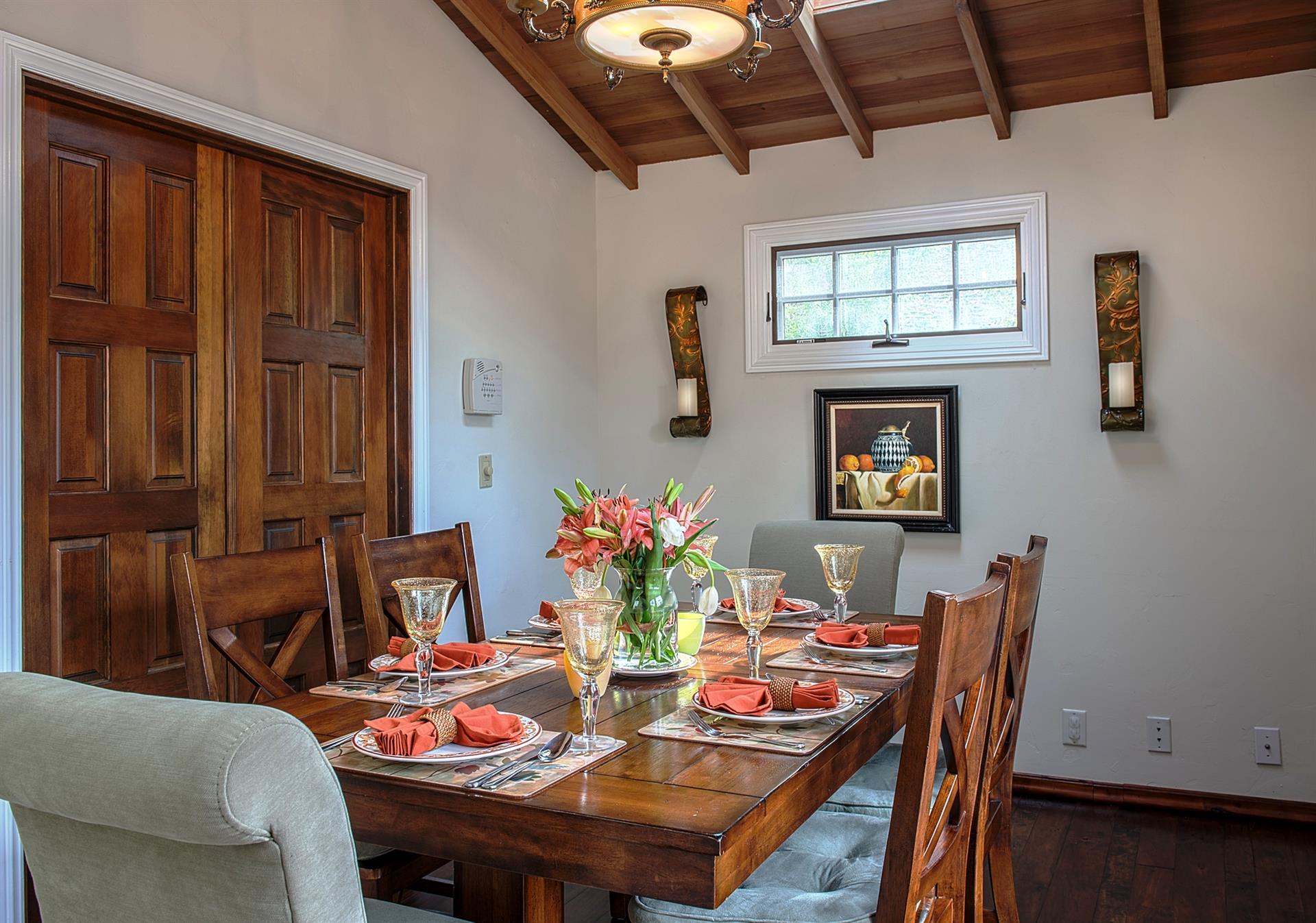 Dining Room, Vaulted WoodBeam Ceilings and Old World Feel