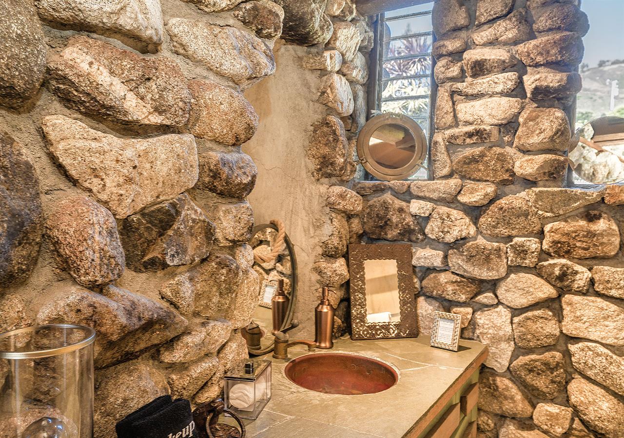 Downstairs Full Bath with Shower Over Tub, Stone Lined Walls