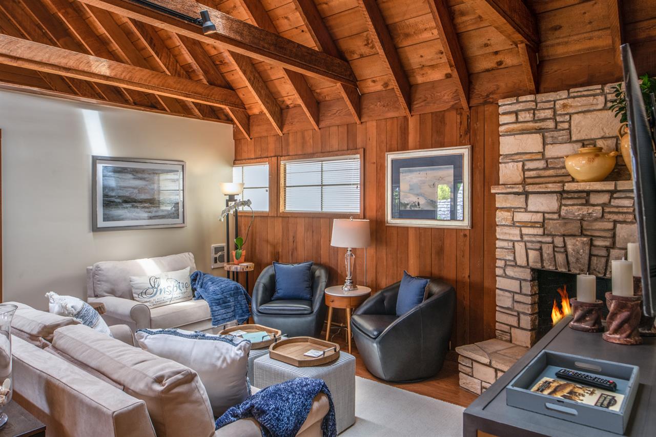 Living Room with Vintage Vaulted Beamed Ceilings