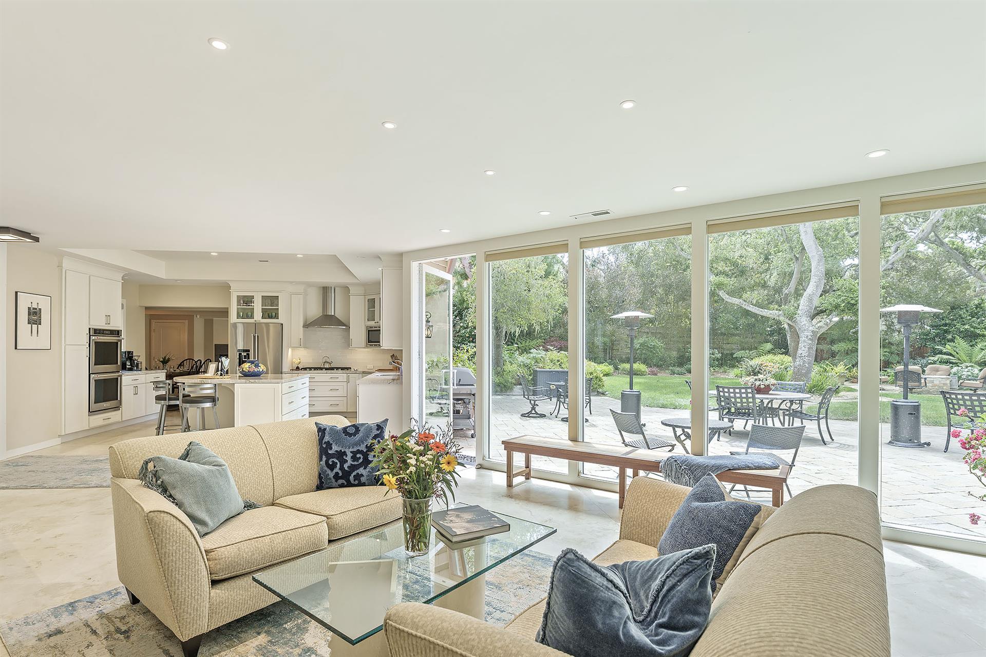 LightFilled Living Room with Fireplace, Garden View
