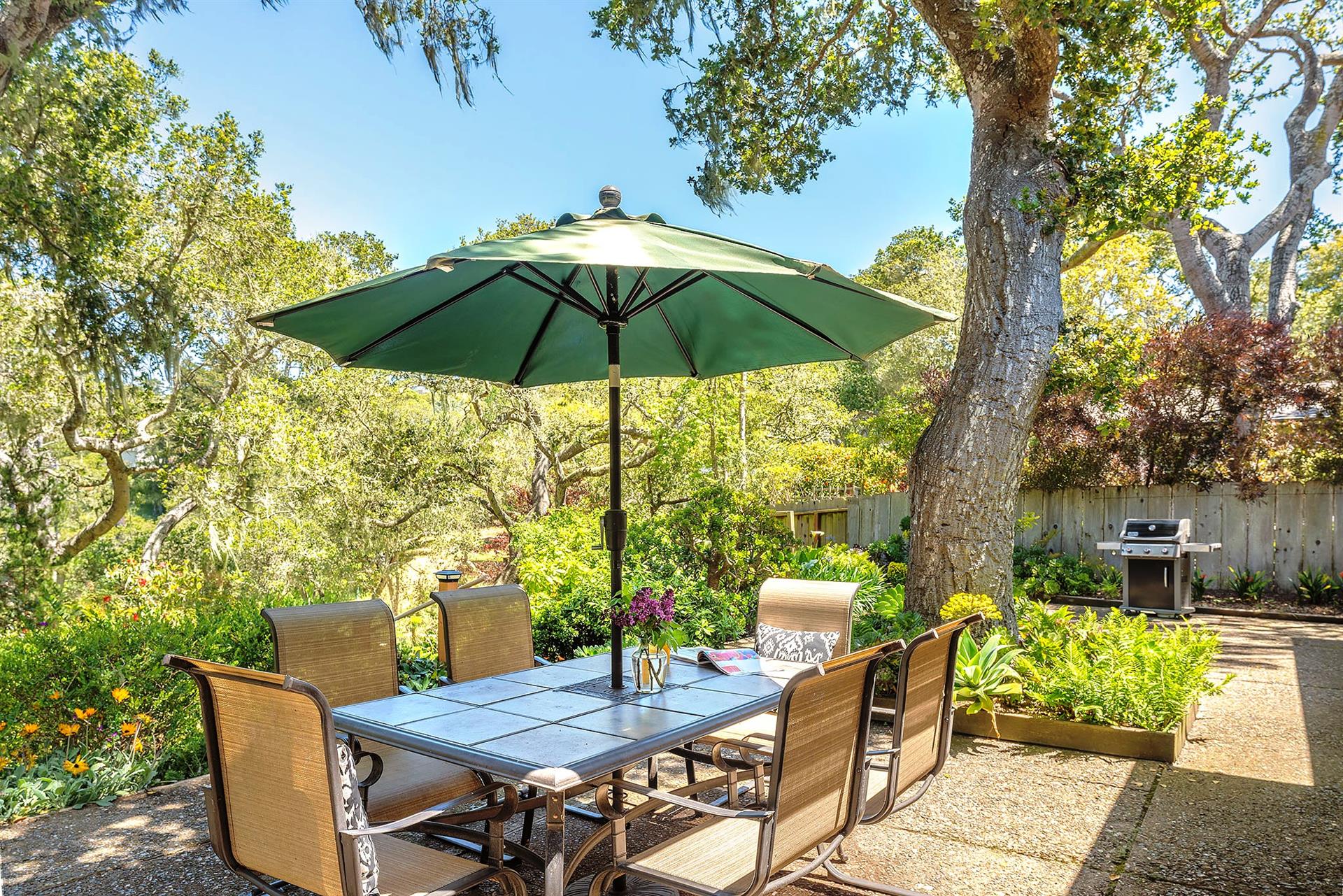 Backyard has a Gas Grill and Dining for Six