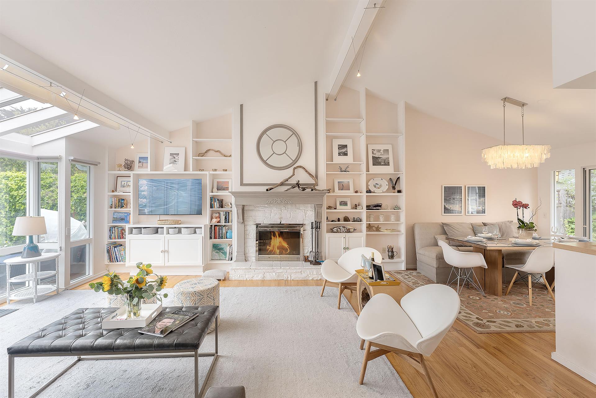 Living Room with Wood Fireplace and Smart TV