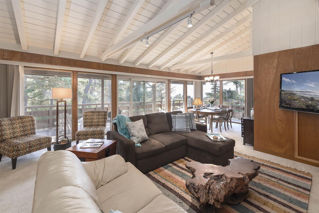 Living Room has a Distant Ocean View Through Treetops