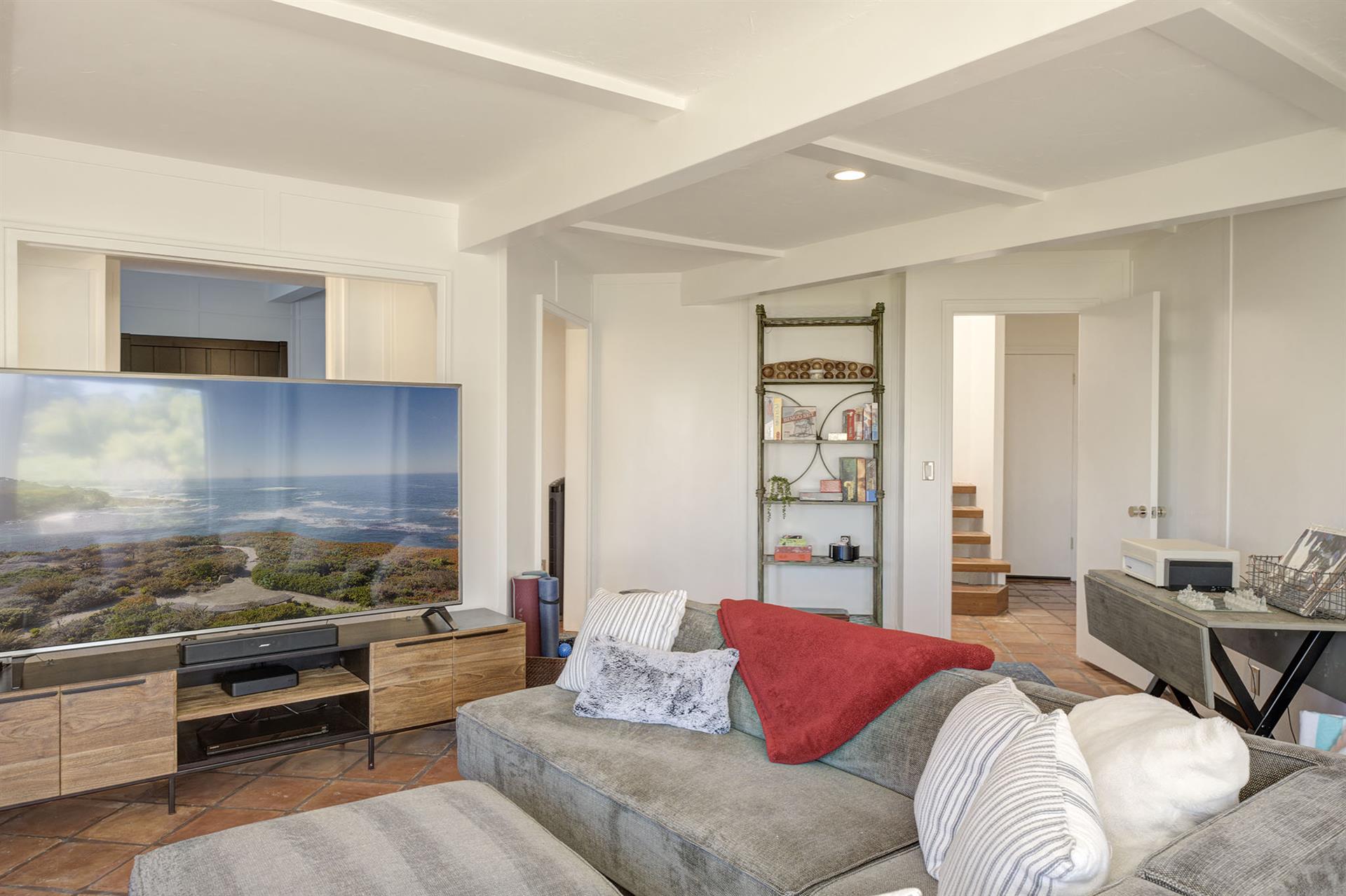 Lower Level Family Room, Large TV, Decorative Fireplace