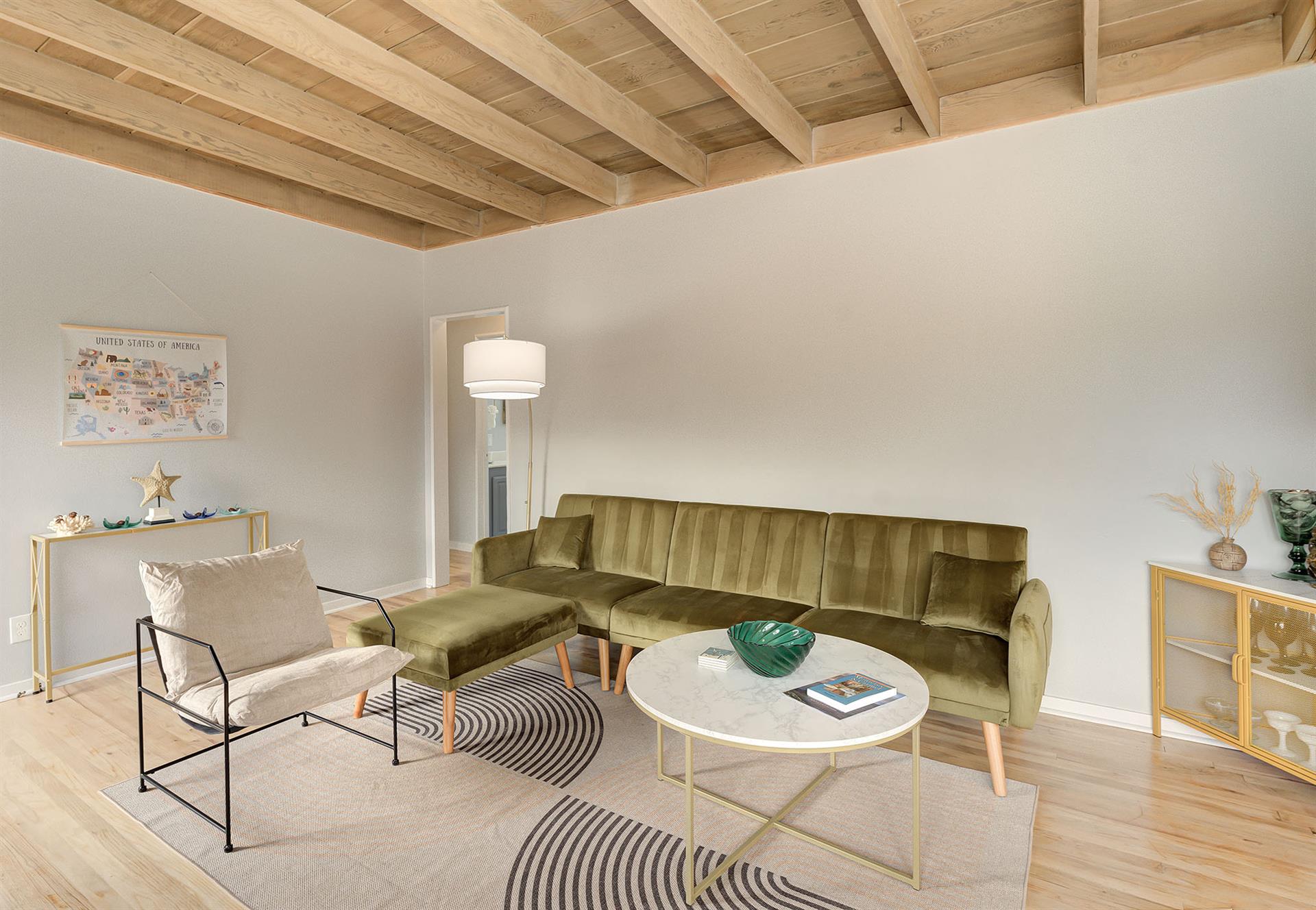 Living Room has an Electric Fireplace and Smart TV