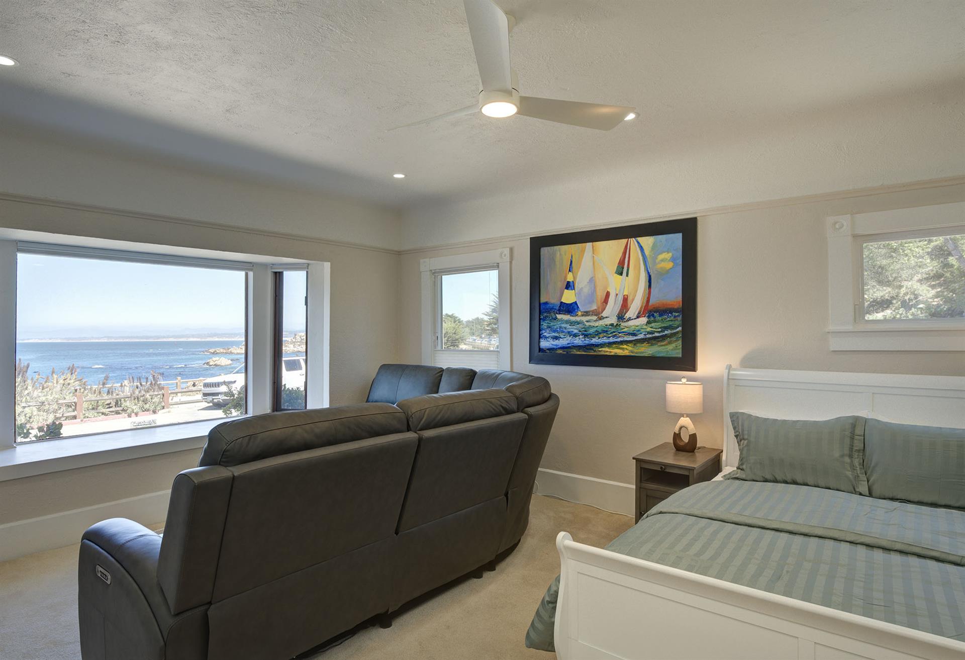 Bedroom 2 Queen Bed, TV, Lounging Area with View of Bay