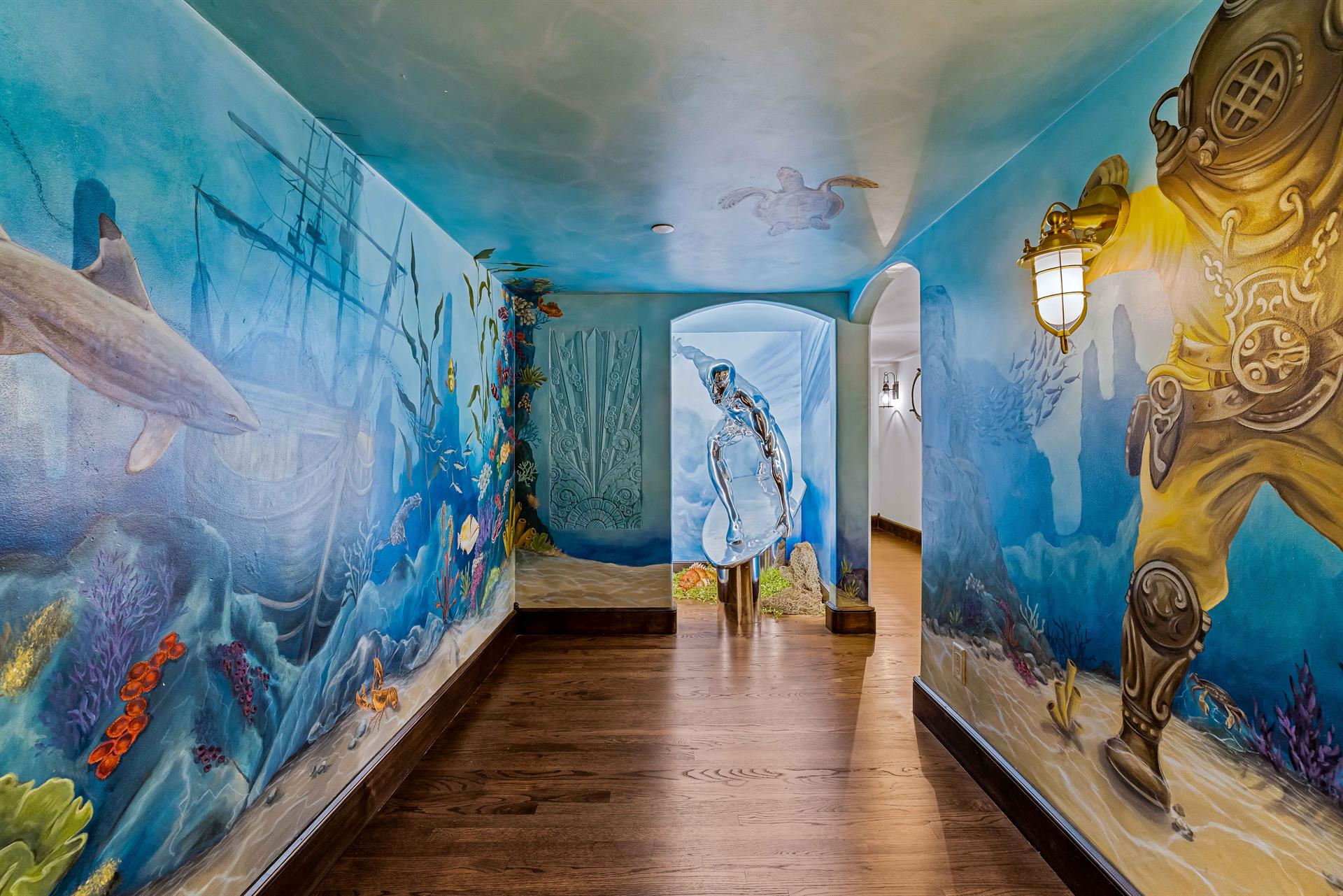 Large Ocean Mural and Silver Surfer Sculpture
