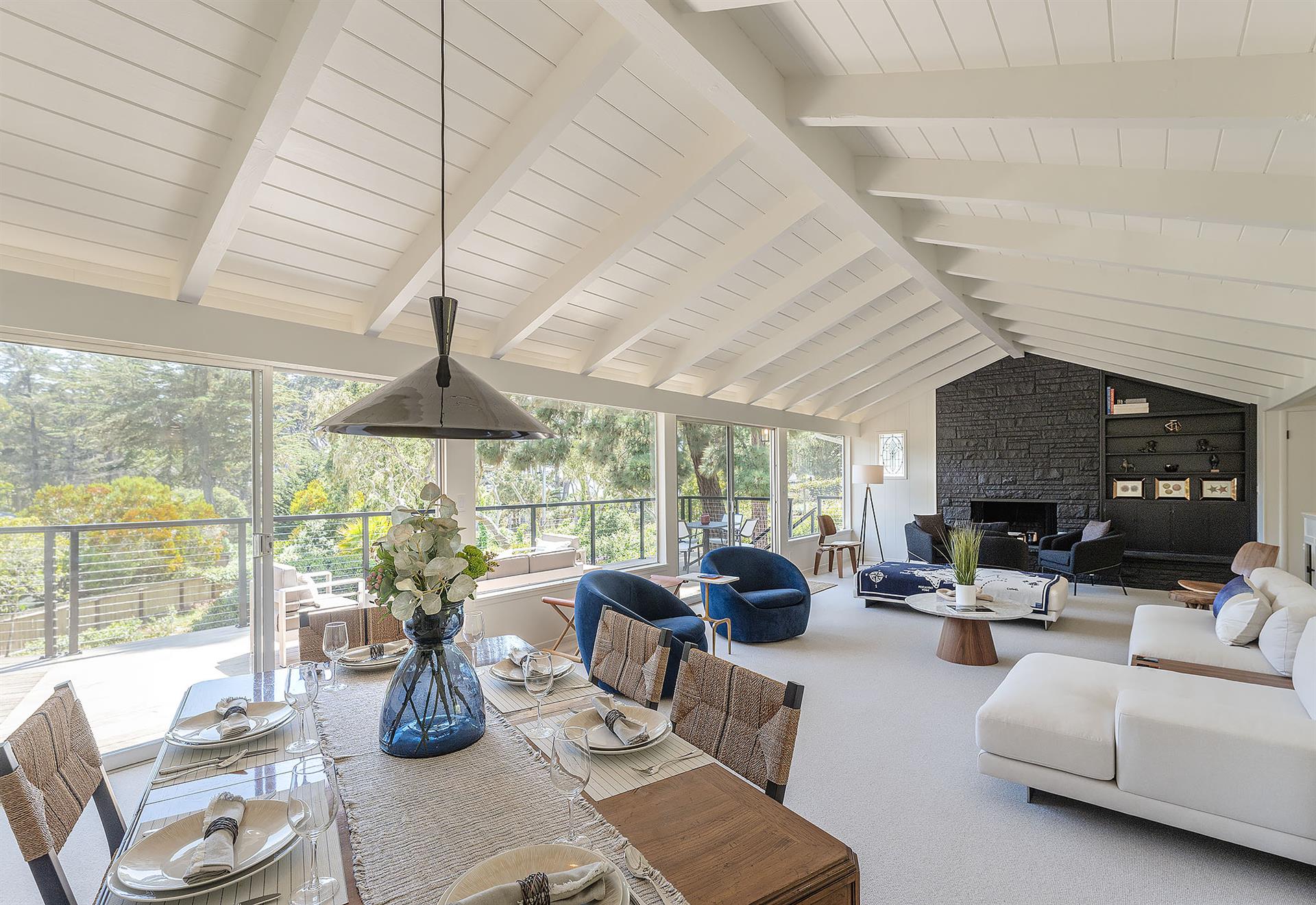 Living Room with Candlelit Fireplace and Vaulted Ceilings
