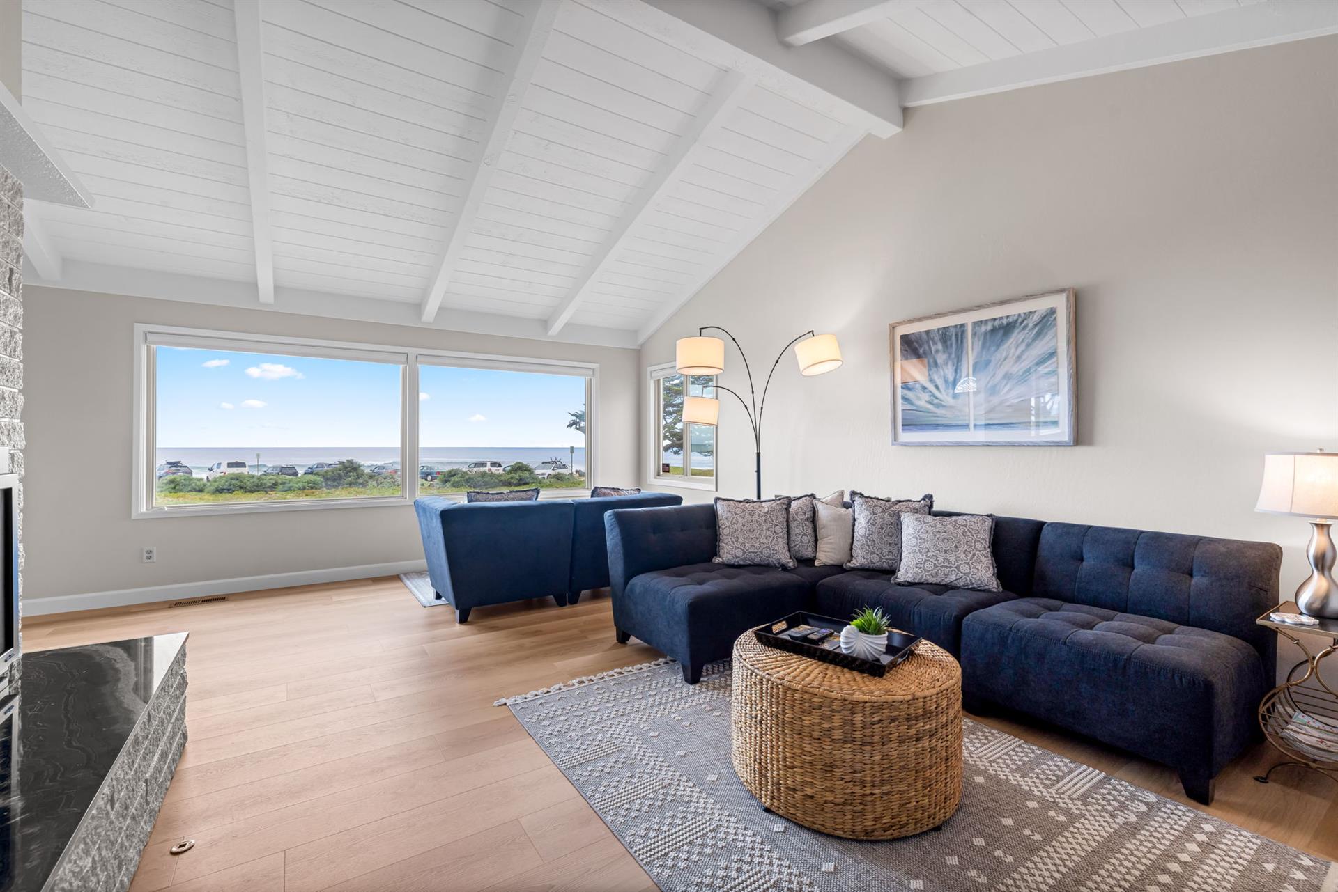 Living Room with Gas Fireplace, Smart TV and an Ocean View
