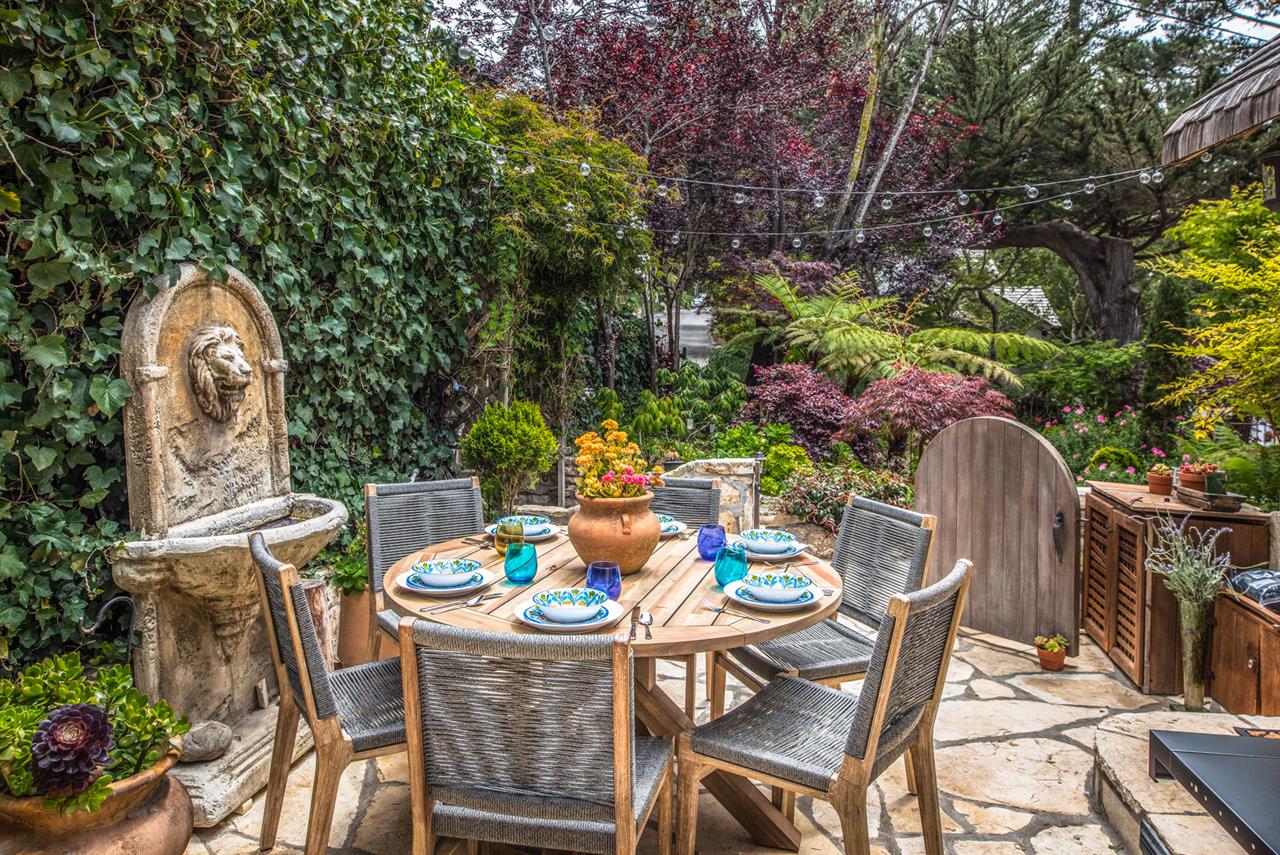 Backyard has a Gas Grill, Dining Area and Water Fountain
