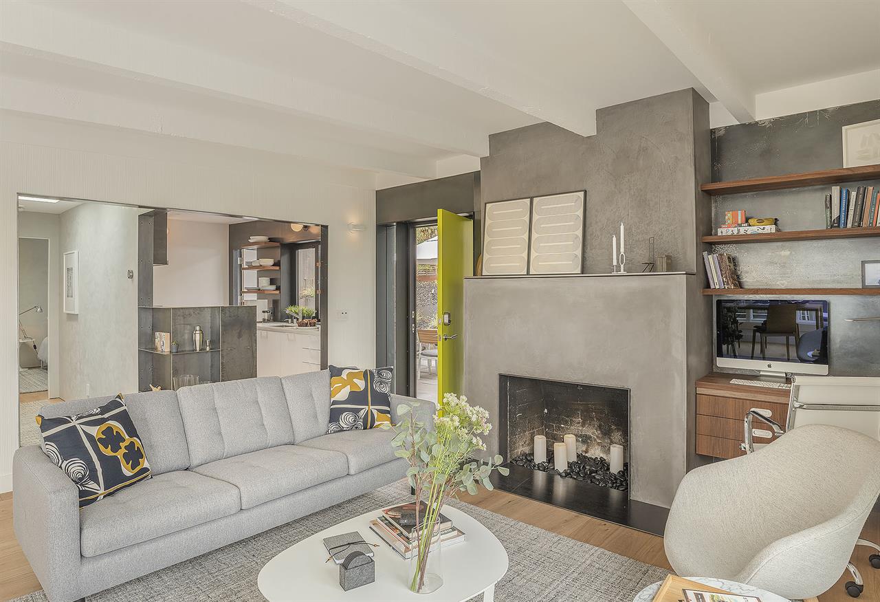 OpenConcept Living with CandleLit Fireplace, Desk