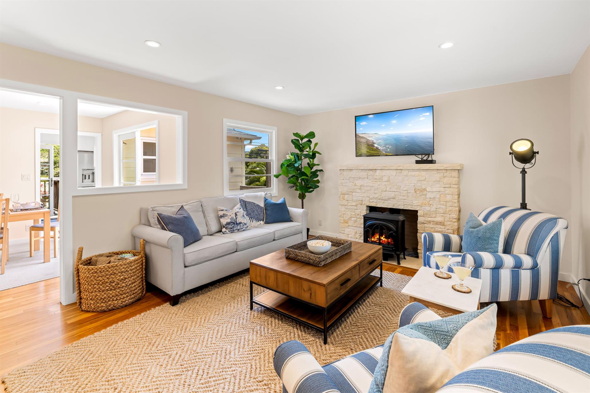 Living Room has a Gas Fireplace and a Smart TV
