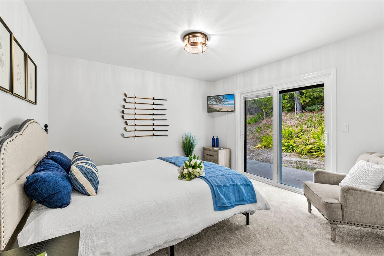 Downstairs Bedroom 3  Queen Bed, TV and Backyard Access