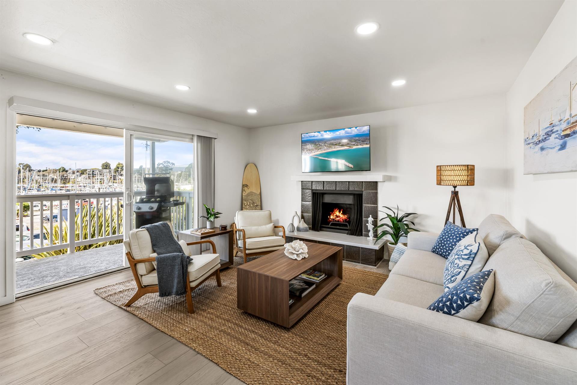 Living Room has Sliders to a Harbor View Balcony
