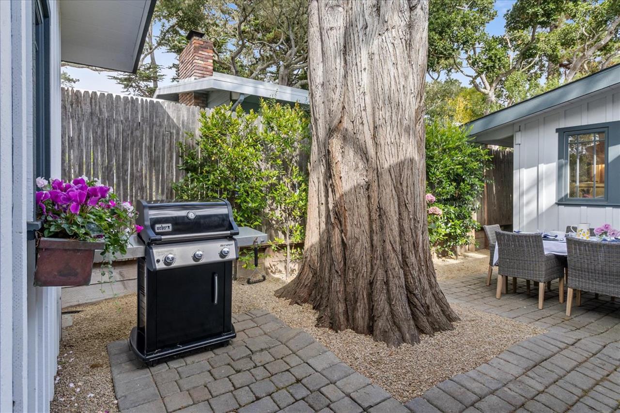 Backyard has a Gas Grill and Dining Area