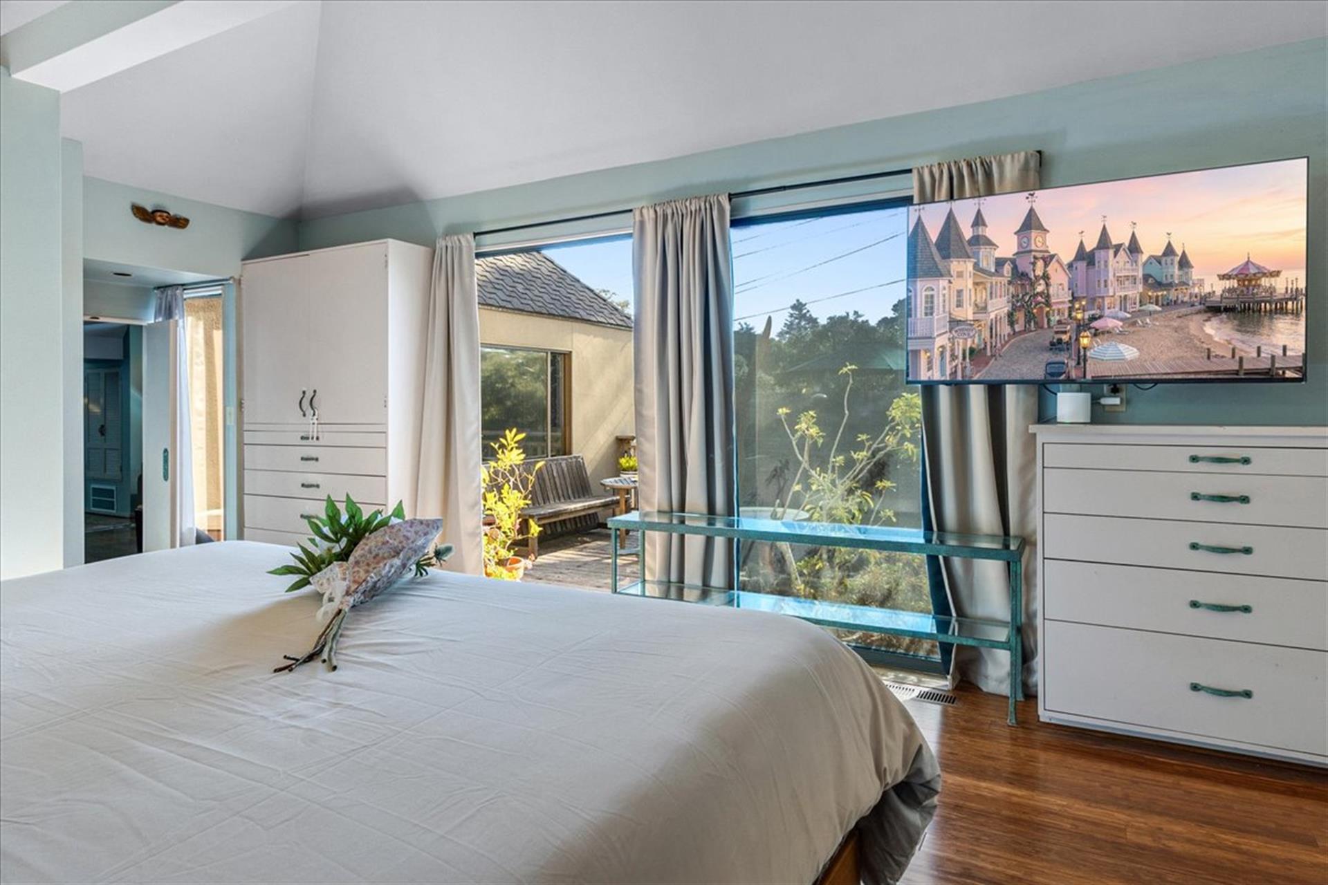 Bedroom 1  King Bed, TV and EnSuite Bath with a Shower