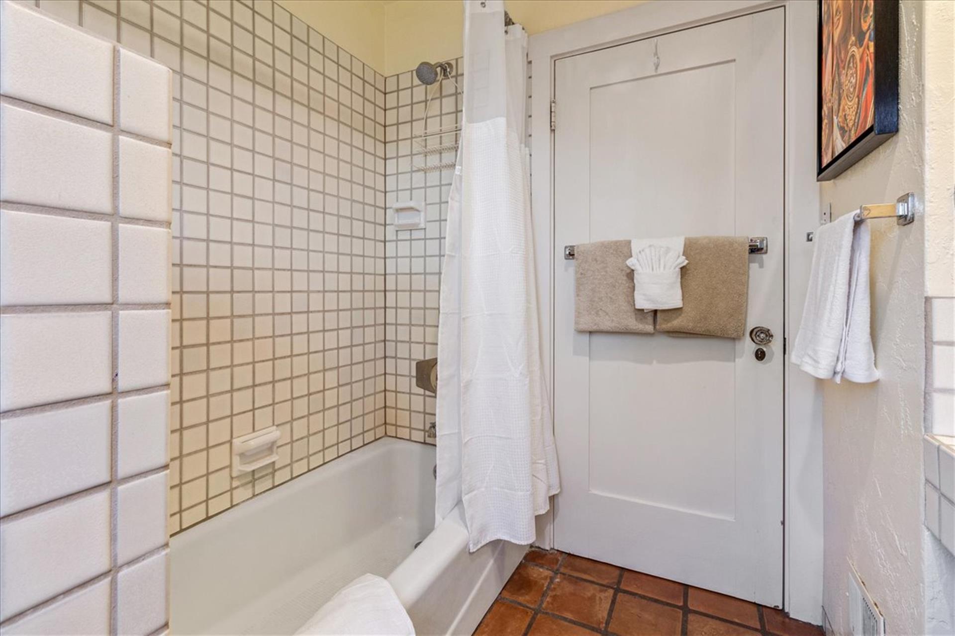 Downstairs Bathroom  Shower Over Tub, Next to Bedroom 1
