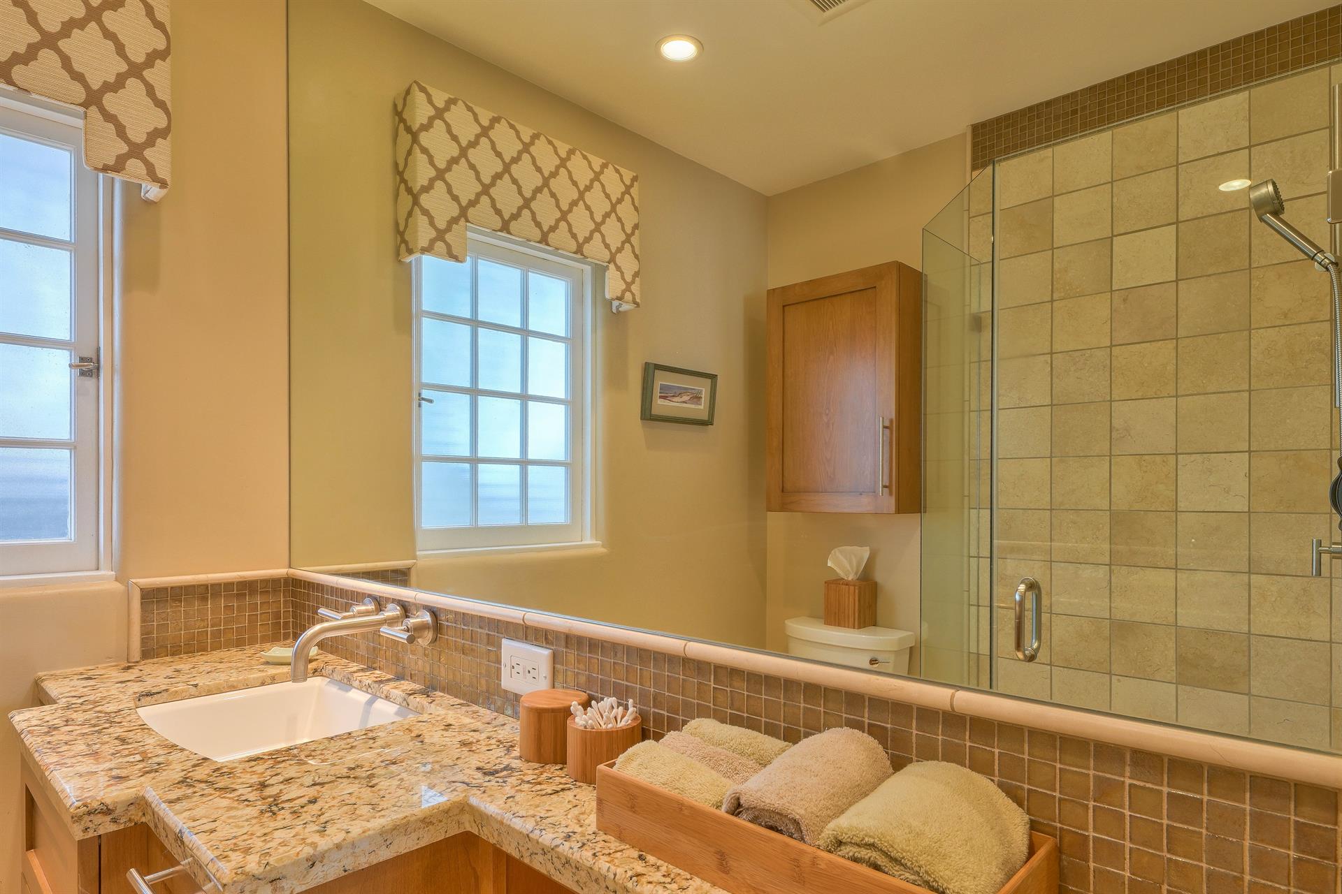 Hallway Bath has a Shower and Heated Tile Floor