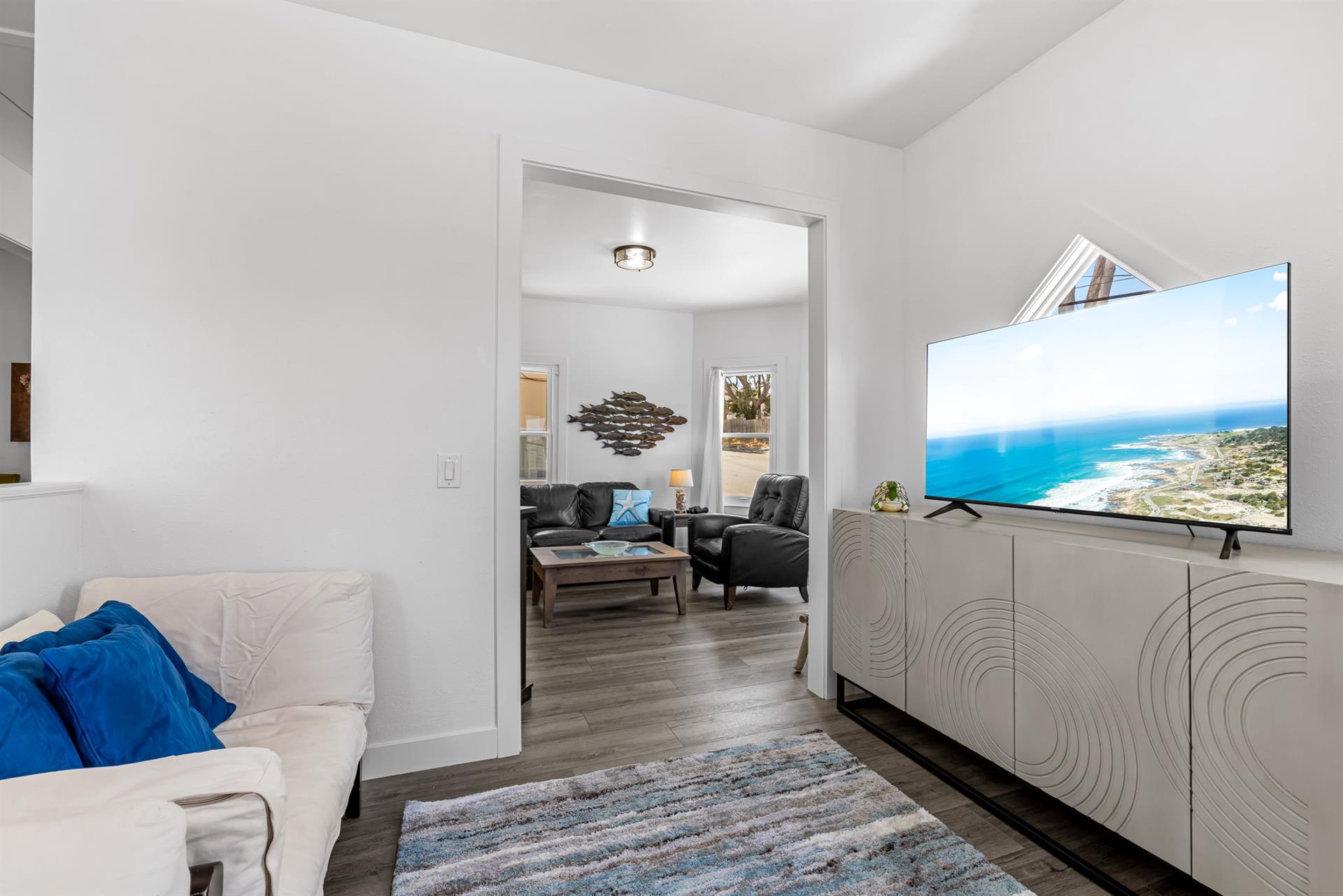 Den has Two Single Futon Day Bed  Couches and a TV