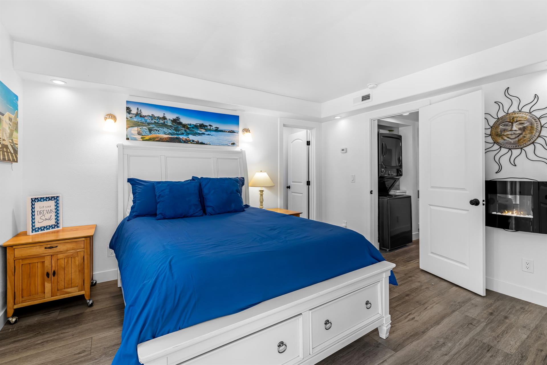 Bedroom 1, Queen Bed, Electric Fireplace, EnSuite Bathroom