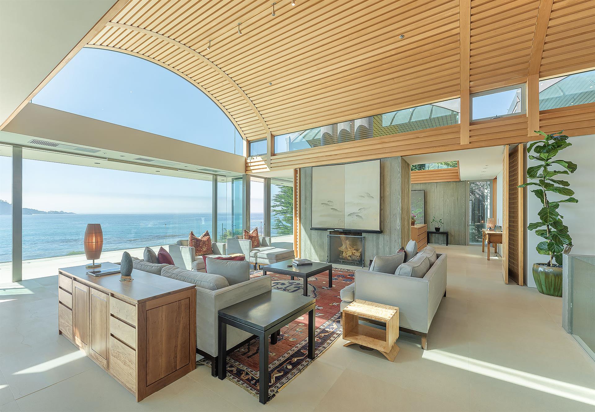 Living Room with Fireplace and Ocean Views