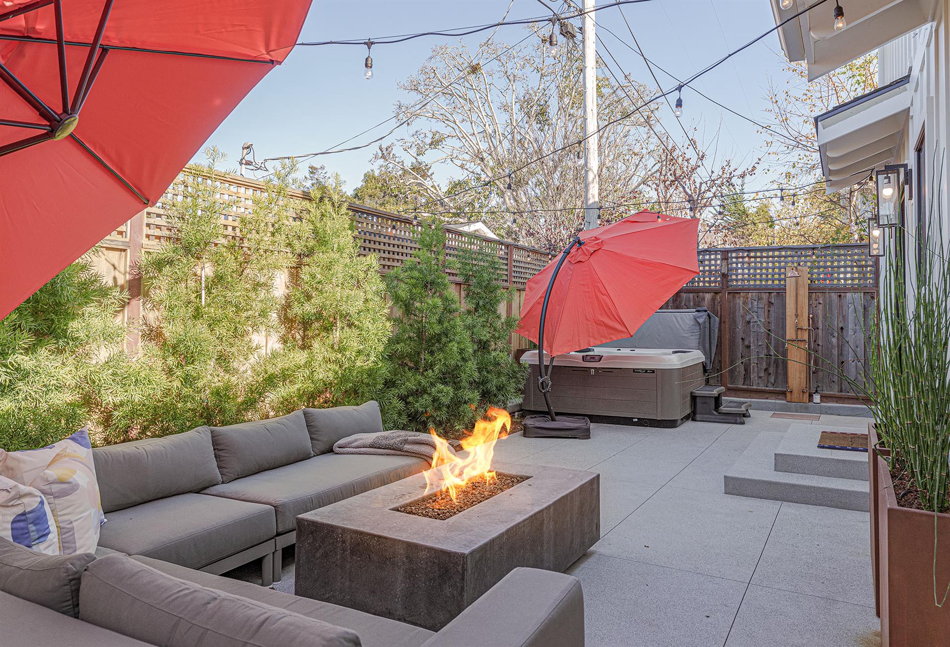 Backyard Patio with Hot Tub, Fire Pit