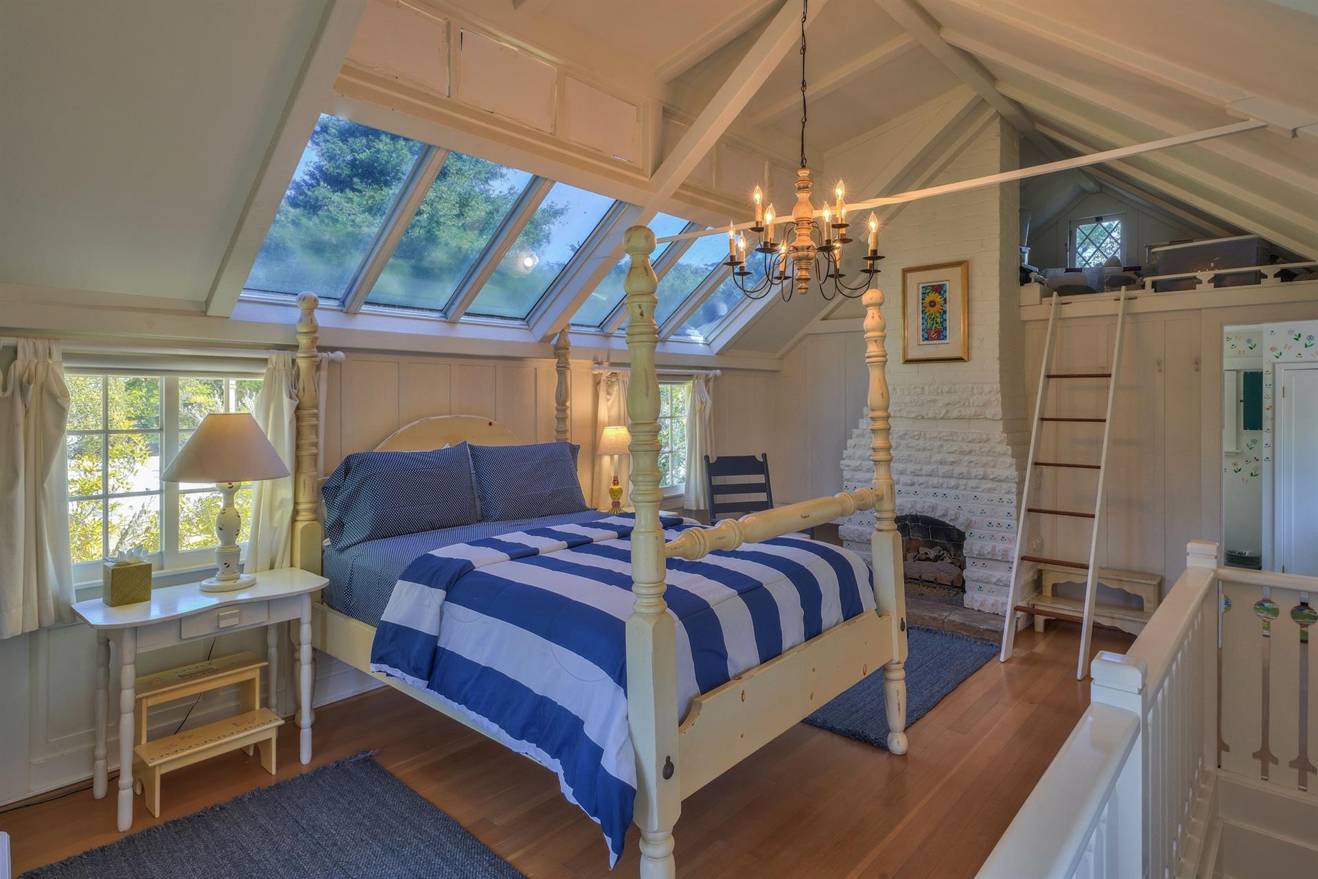 Upstairs, Primary Bedroom, Queen Bed, Gas Fireplace