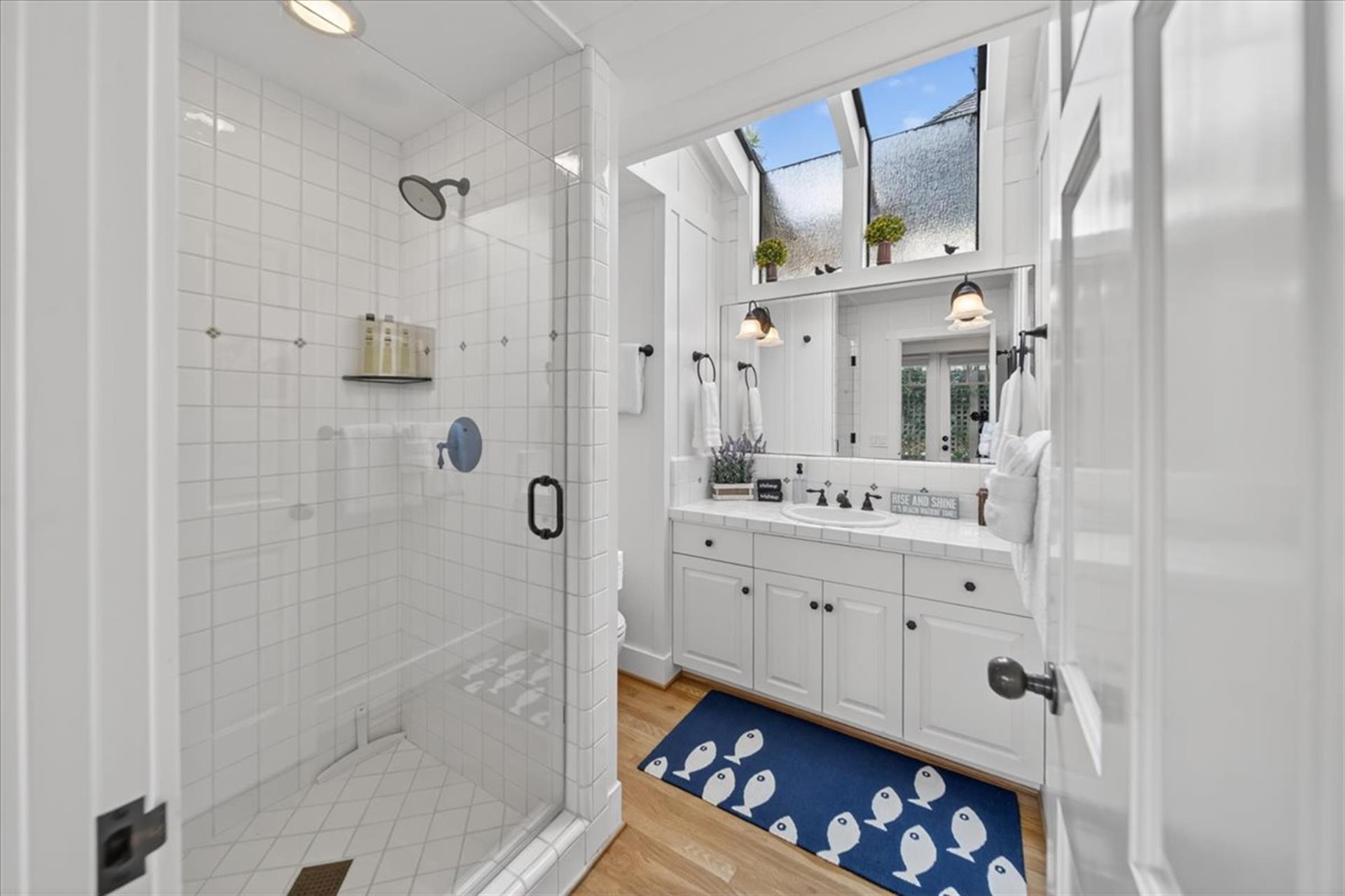 Downstairs Bathroom has a Shower and Skylights