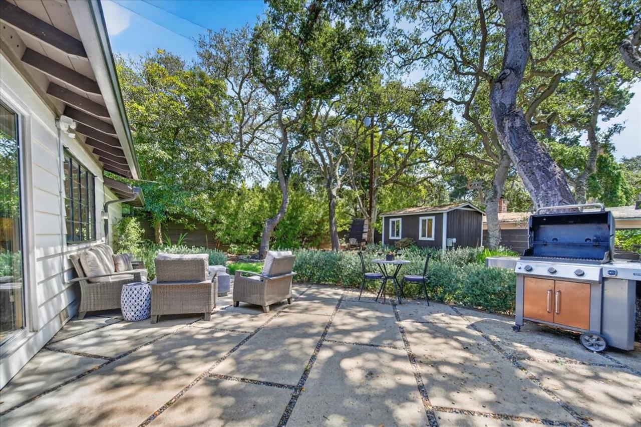 The Backyard has Mature Oak Trees and a Gas BBQ Grill