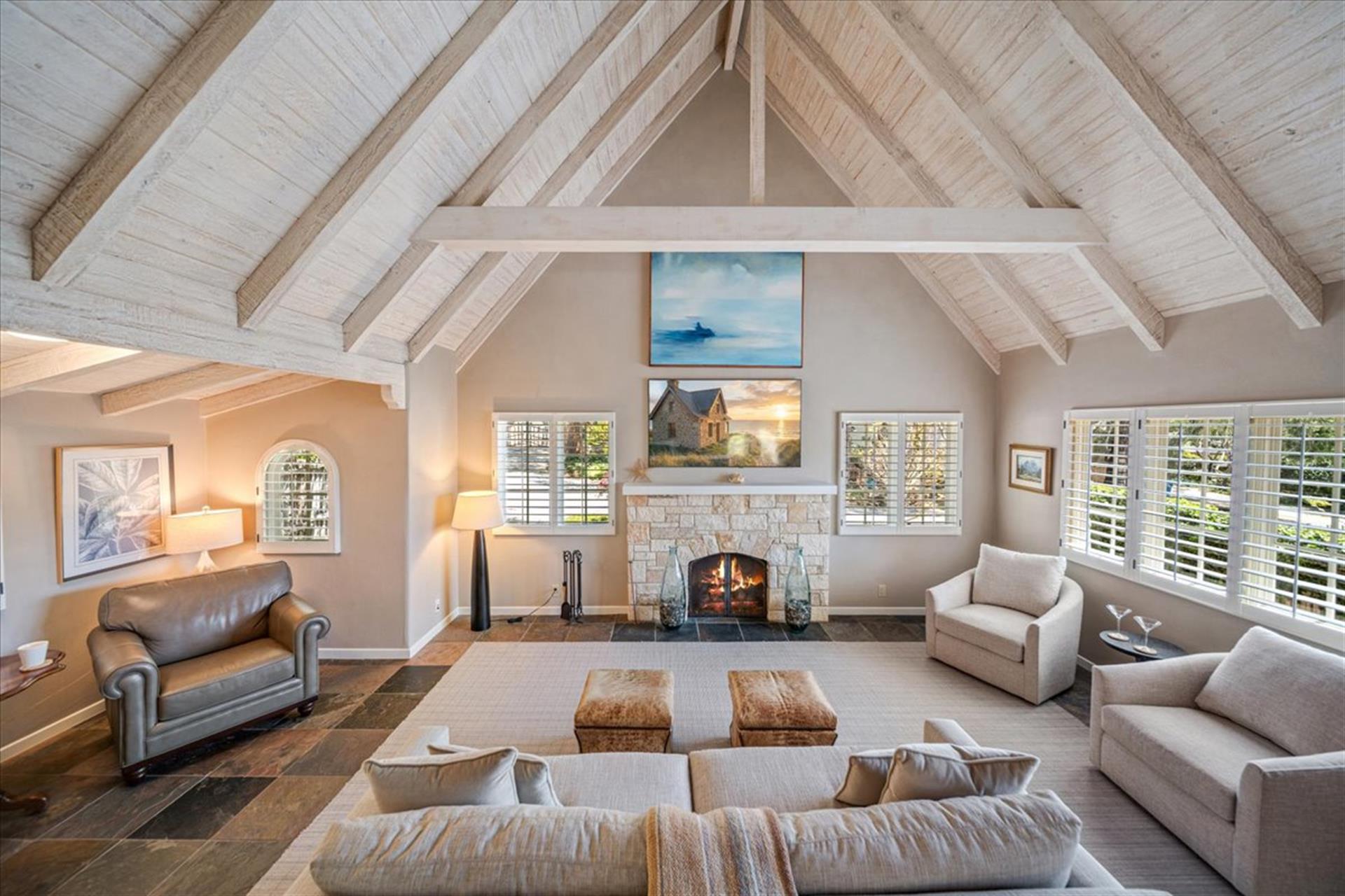 Living Room has Vaulted Ceilings, Gas Fireplace and Smart TV