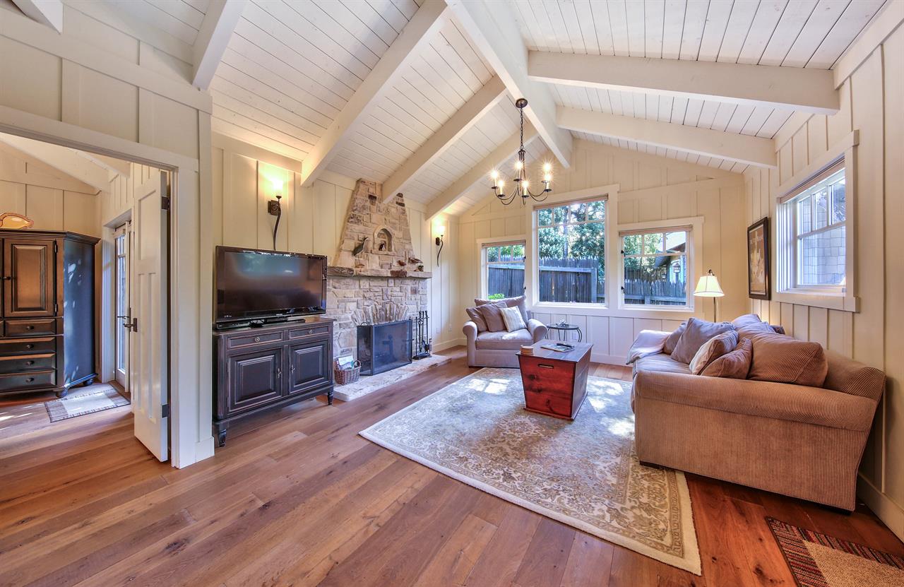 Cozy Living Room, Vaulted Ceiling, TV, Wood Fireplace