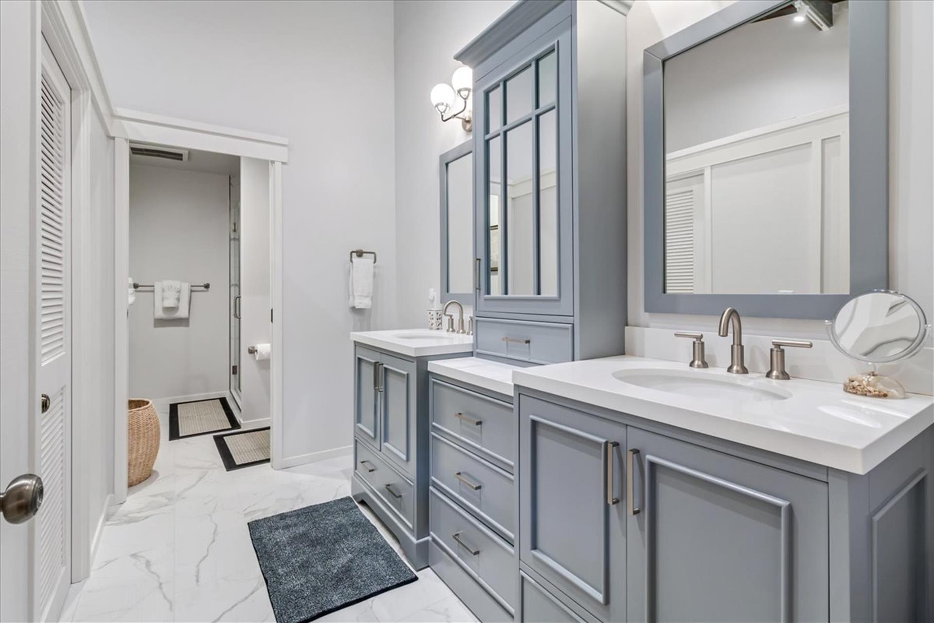 EnSuite Bath for Bedroom 1 has a Shower and Two Sinks